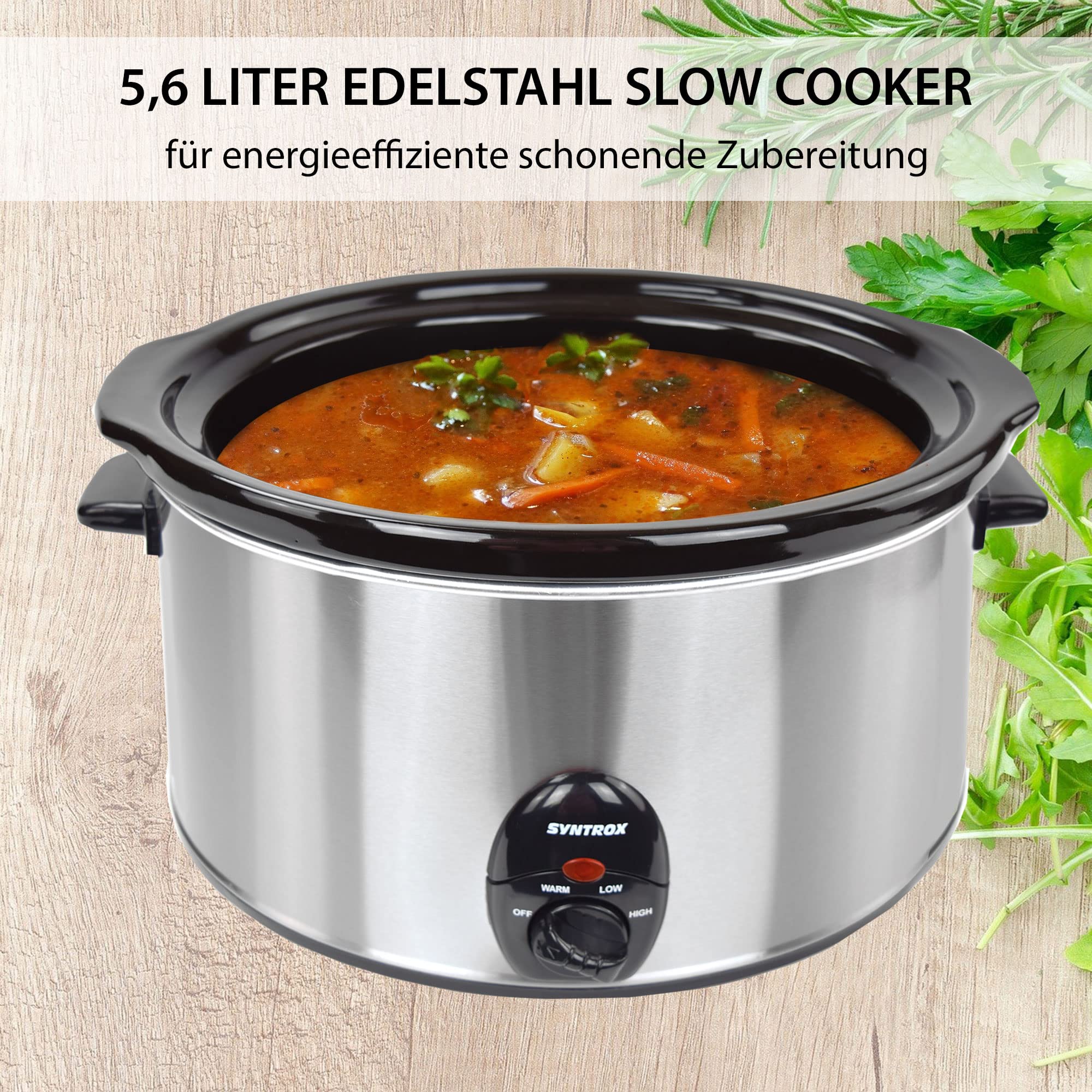 Syntrox Germany Slow Cooker Schongarer 5,6 Liter mit Warmhaltefunktion, Glasdeckel und robuster Keramikschüssel 320 Watt