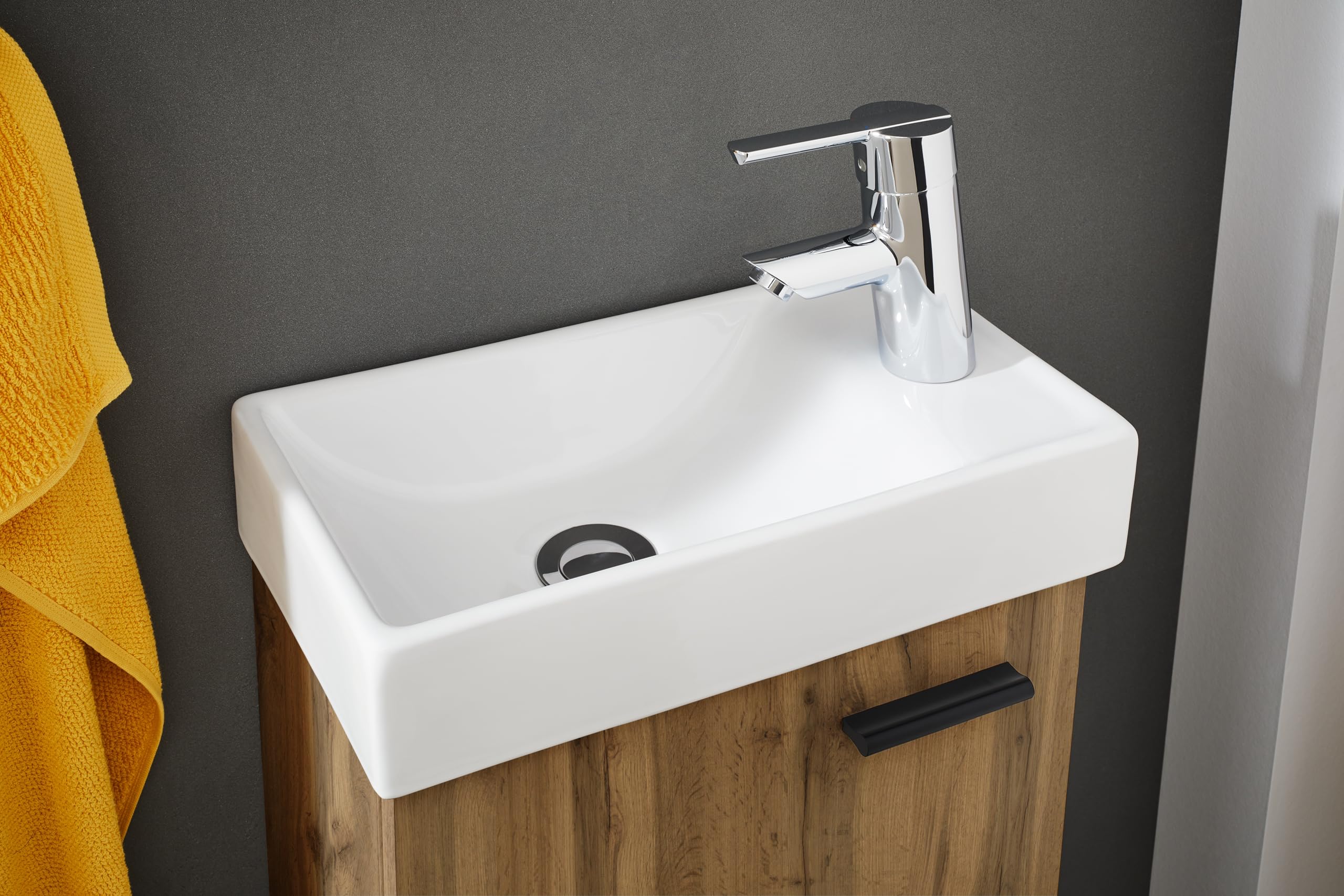 Mobile bagno salvaspazio con lavabo e specchio, Finitura Quercia, Ideale per spazi ristretti L.41 P.23 H.165 cm