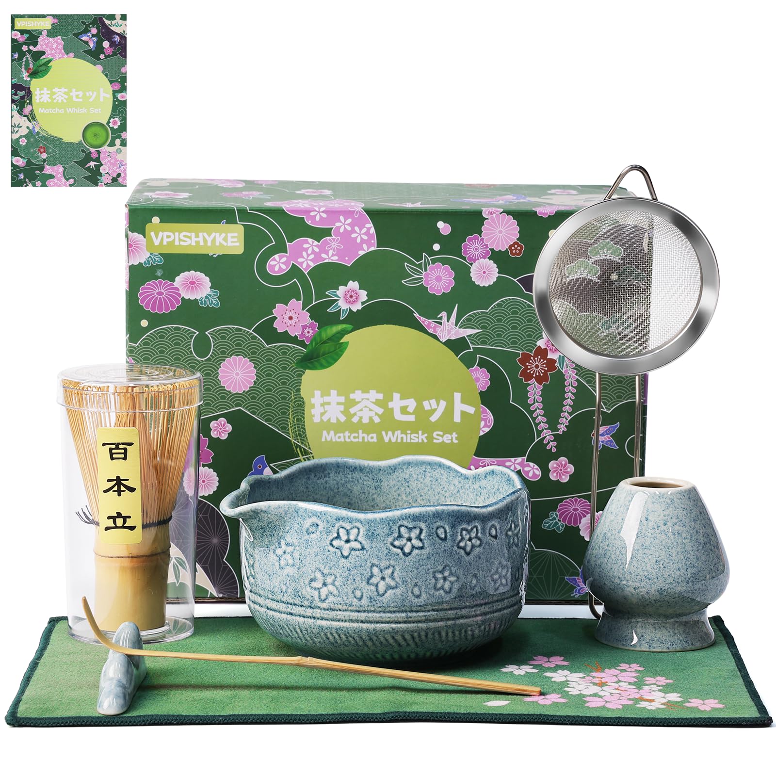 VPISHYKE Matcha Set, Matcha Tea Set 7-teiliges traditionelles Tee-Set mit Bambusbesen, Schale, Sieb & Zubehör – Perfekt für Matcha-Liebhaber（Dunkelblau）