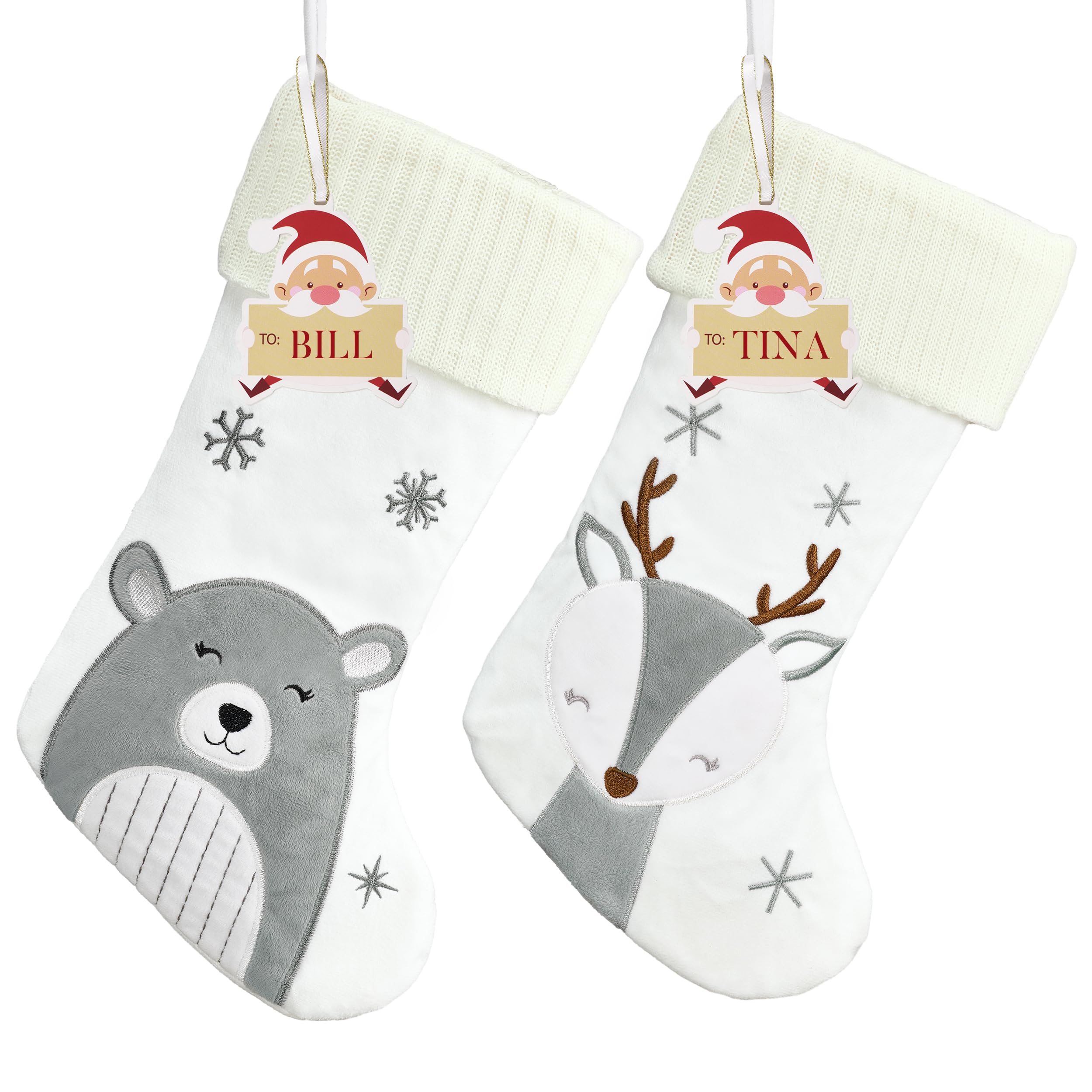 Valery Madelyn Large Christmas Stocking Grey Silver and White 18 Inch, Set of 2 Bear Reindeer Fluffy Stockings for Kids Boys and Girls