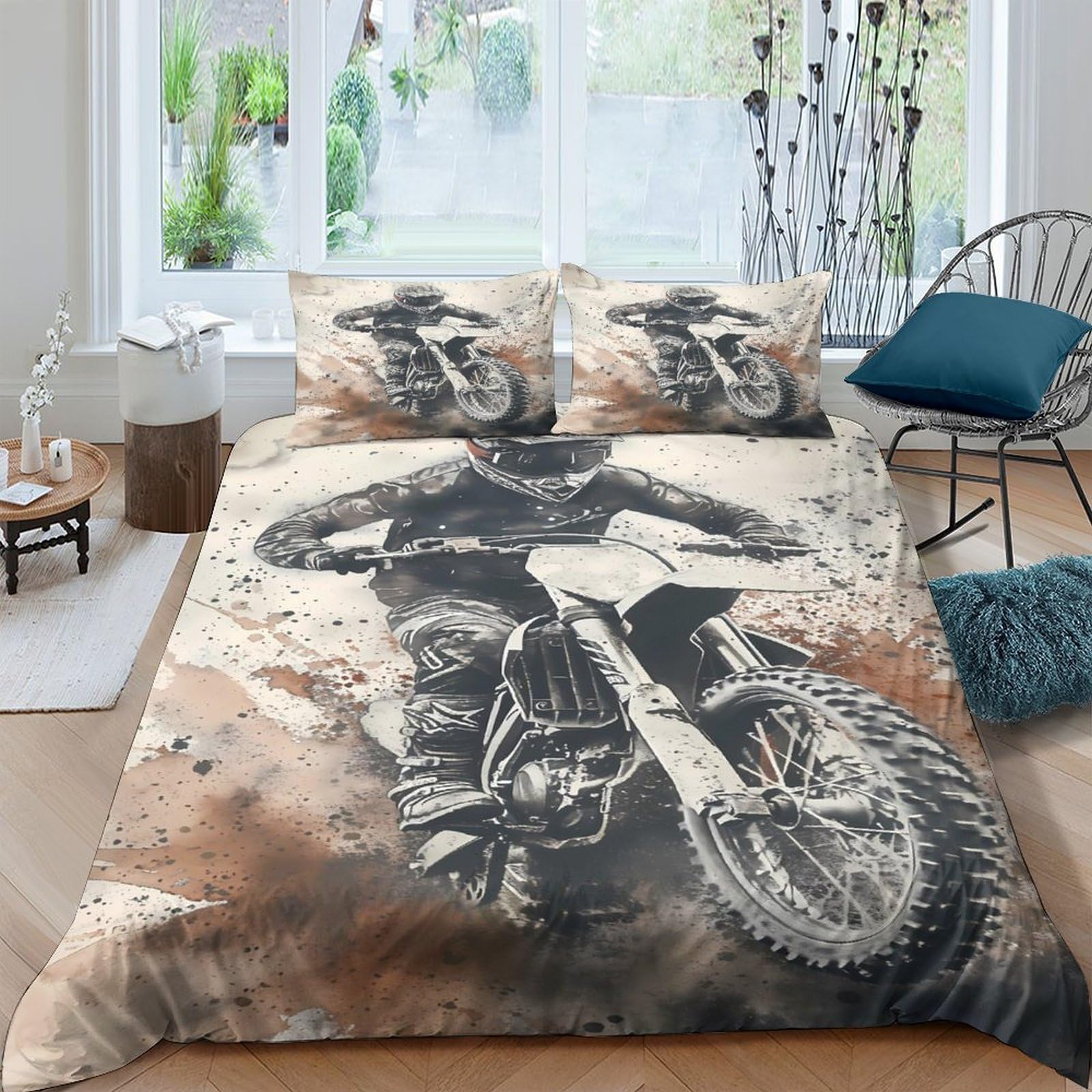 GPLZQXKJNH 3D Printed Dirt Bike Duvet Cover Microfiber Soft Breathable Motocross Bedding Set with 2 Pillowcases for Bedroom Decor Single（135x200cm）