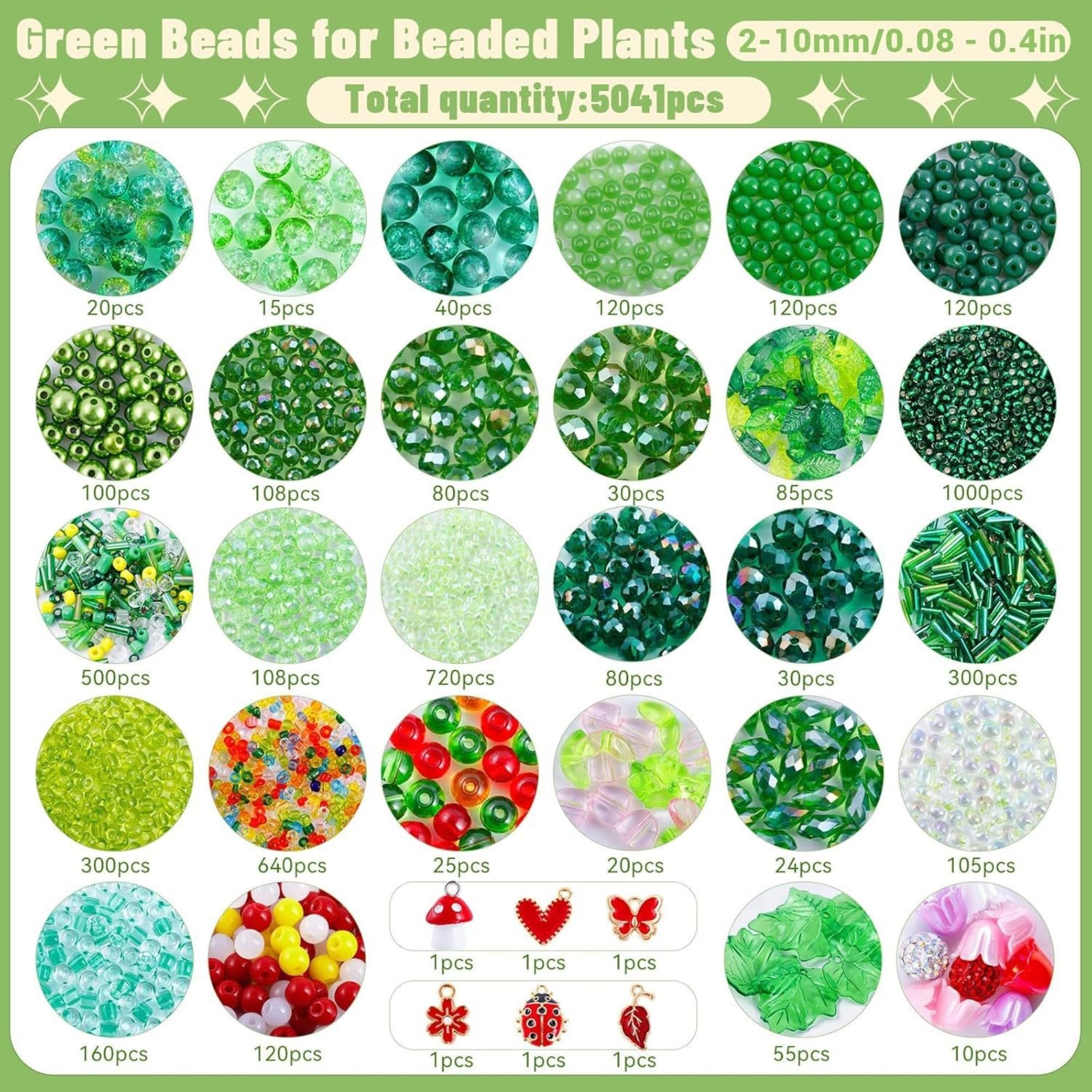 Perlenpflanzen DIY Set mit Grüne Perlen Töpfen Werkzeugen und Anleitung | Grüne Glasperlen zum Auffädeln, 10 cm Disco Kugel Topf, Perlen-Set für Pflanzen-Liebhaber und Bastler