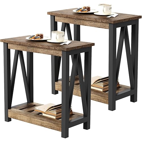ChooChoo Farmhouse End Table Set of 2, Rustic Vintage Narrow End Side Table with Storage Shelf for Small Spaces for Living Room, Bedroom Rustic Oak & Black