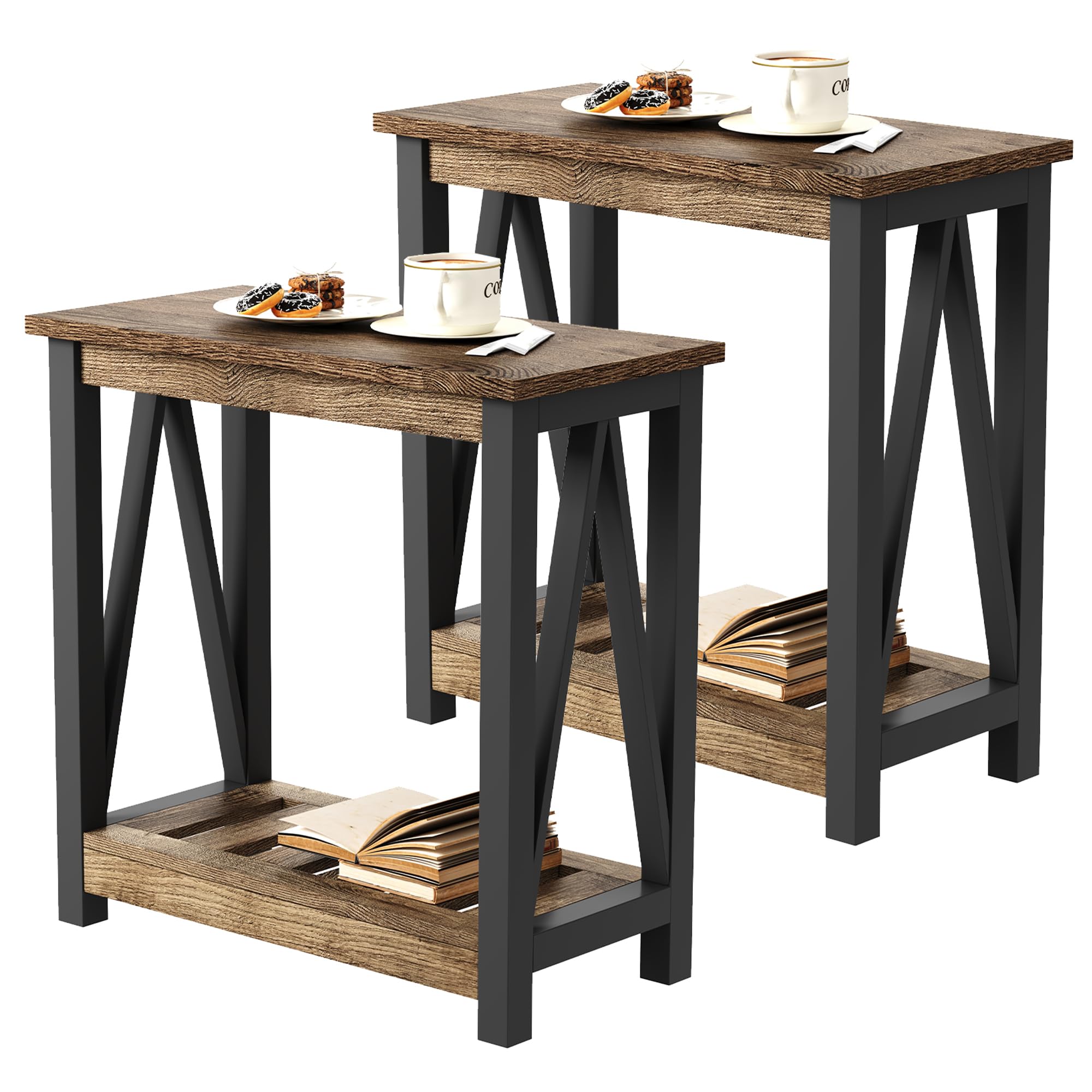 choochoo farmhouse end table set of 2, rustic vintage narrow end side table with storage shelf for small spaces for living room, bedroom rustic oak & black