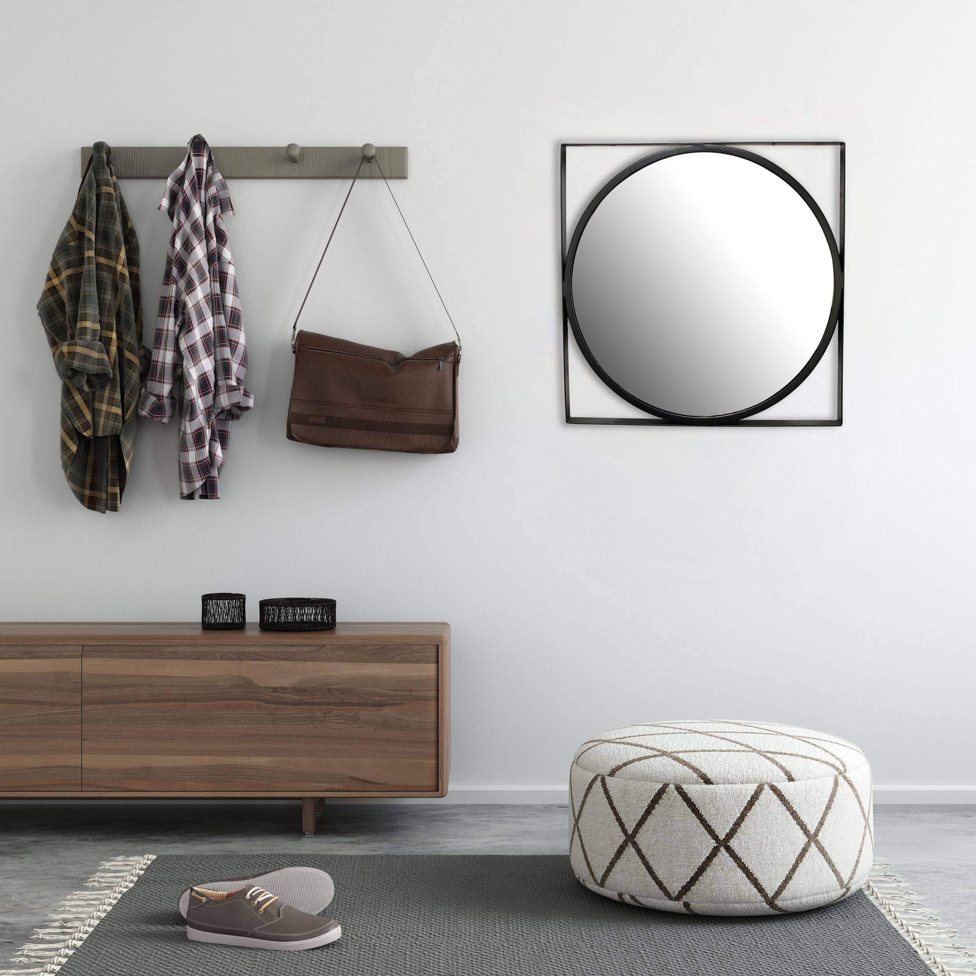 Wohnling Specchio da parete, 54 x 54 cm, design in metallo, nero, in ferro, rotondo, con cornice quadrata, piccolo specchio da parete