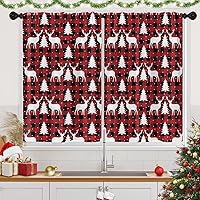 Vista 1 de Juego de 2 cortinas de cocina a cuadros de Navidad, diseño de ciervos de árbol, color rojo, cortinas cortas para decoración de cocina, sobre Cuadros