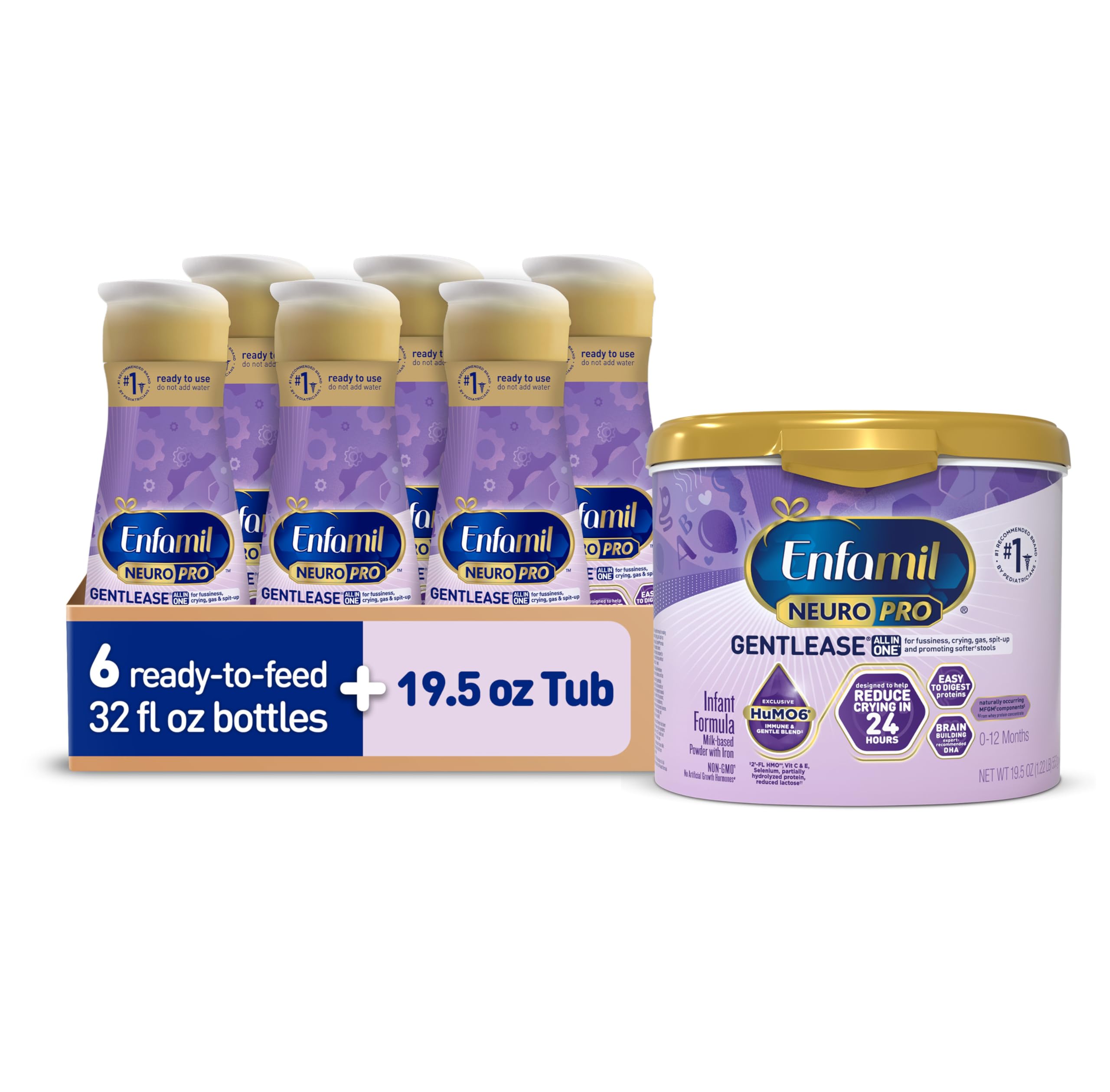 Enfamil NeuroPro Gentlease Baby Formula, Brain Building DHA, HuMO6 Immune Blend, Designed to Reduce Fussiness, Crying, Gas & Spit-up in 24 Hrs, Reusable Tub, 19.5 Oz + Liquid, 32 Fl Oz (6 Count)