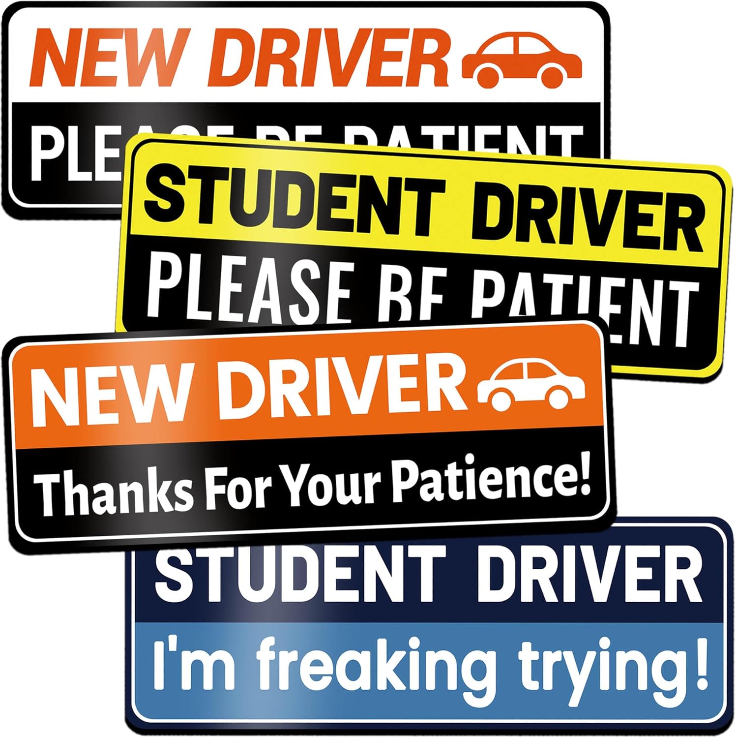 Student Driver Magnet for Car: 4 Pack Funny & Reflective Be Patient Bumper Sticker for Teen New Rookie Novice Driver - Weather-Resistant Safety Warning Signs for Metal Vehicle Surface