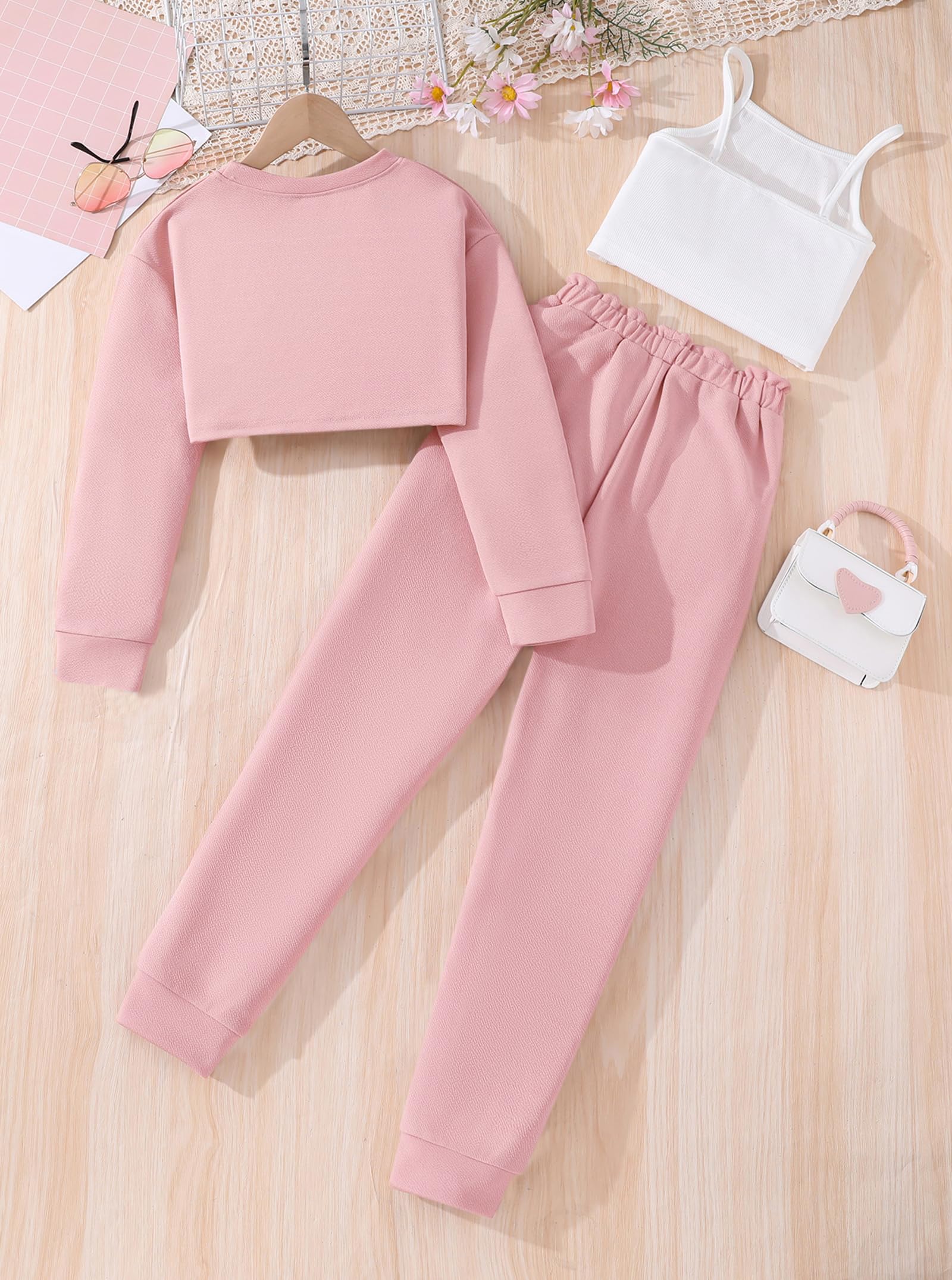 Hilinker Langärmeliges 3-teiliges Outfit für Mädchen, bauchfreies T-Shirt und Cami-Top mit Hose