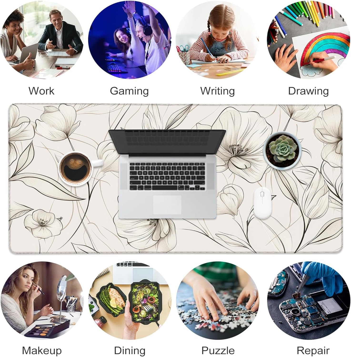 Desk Pad, Boho Minimalist Flowers XL Gaming Mouse Pad with Stitched Edges,Non-Slip Waterproof Rubber Base Large Desk Mat for Keyboard and Mouse 31.5"x11.8" - Image 6