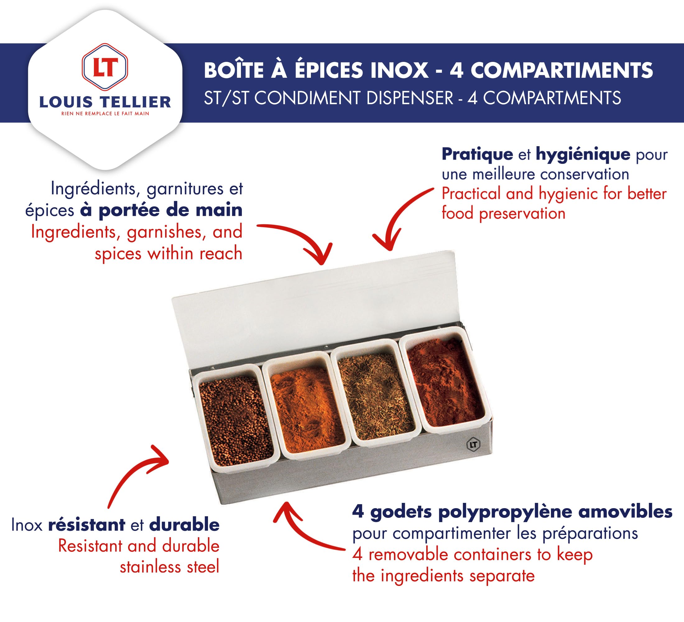 LOUIS TELLIER - Boîte à épices et condiments 4 compartiments - INOX - Présentoir et Distributeur pratique pour épices, ingrédients et garnitures à portée de main - Qualité professionnelle