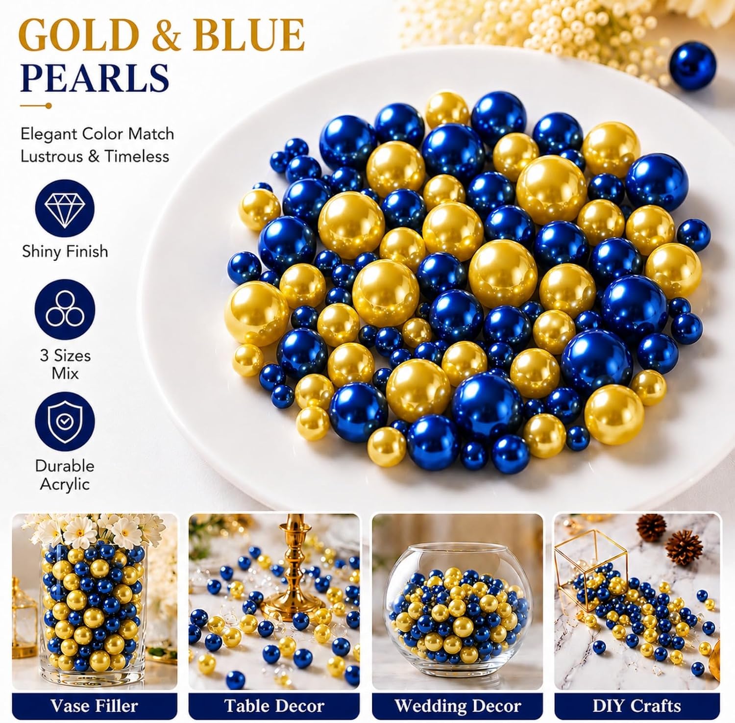 UDU 200 Pcs Vase Filler Pearl Beads No Hole Faux Polish Pearls for Centerpieces Vases Beads for vases Home Birthday Wedding Party Table Decor (Blue and Gold)