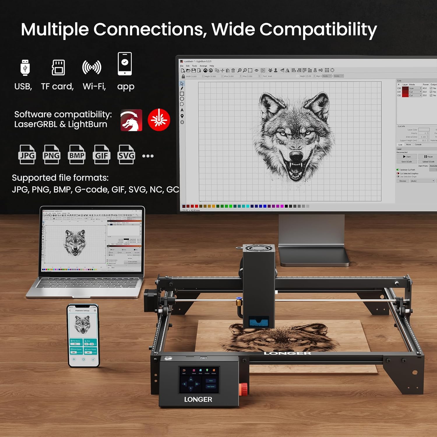LONGER Laser Engraver Ray5 20000mW Engraver Machine with Air Assist Kit DIY CNC Laser Cutter Tool for Metal Glass Wood Working Area 15.7 "x15.7" with 4-in-1 Rotary Roller Kit