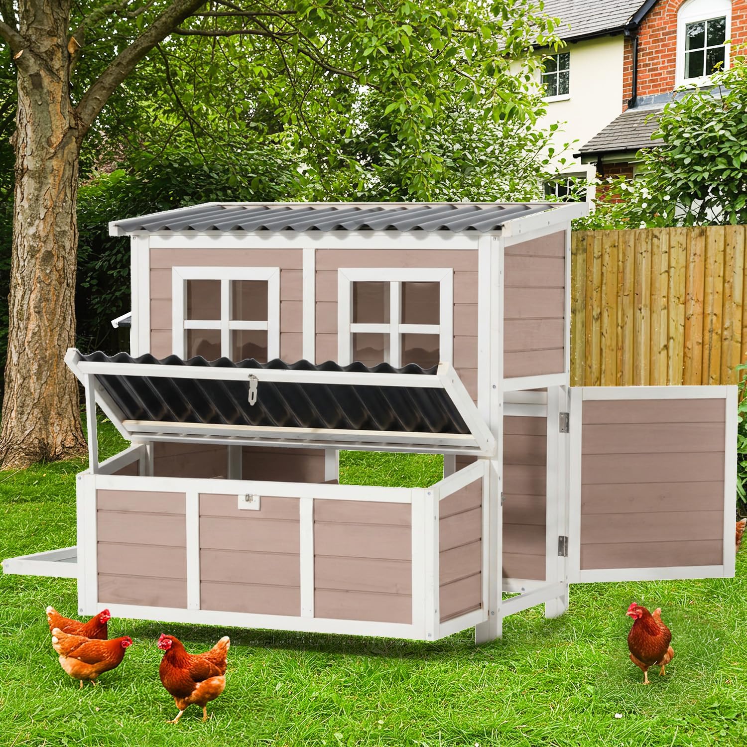 AECOJOY 40" Chicken Coop, Large Wooden Chicken Hutch with 3 Lockable Nesting Boxes for 4-6 Chickens, Outdoor Hen House Chicken Cage w/Removable Tray for Backyard, Garden, Brown