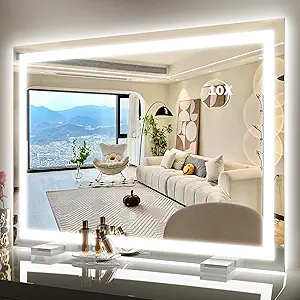 38"x28" Inch Large Lighted Vanity Mirror, 3-Color Lighting & Dimmable Modes, LED Makeup Mirror for Bathroom/Dressing Room (Wall/Tabletop Mount, White)