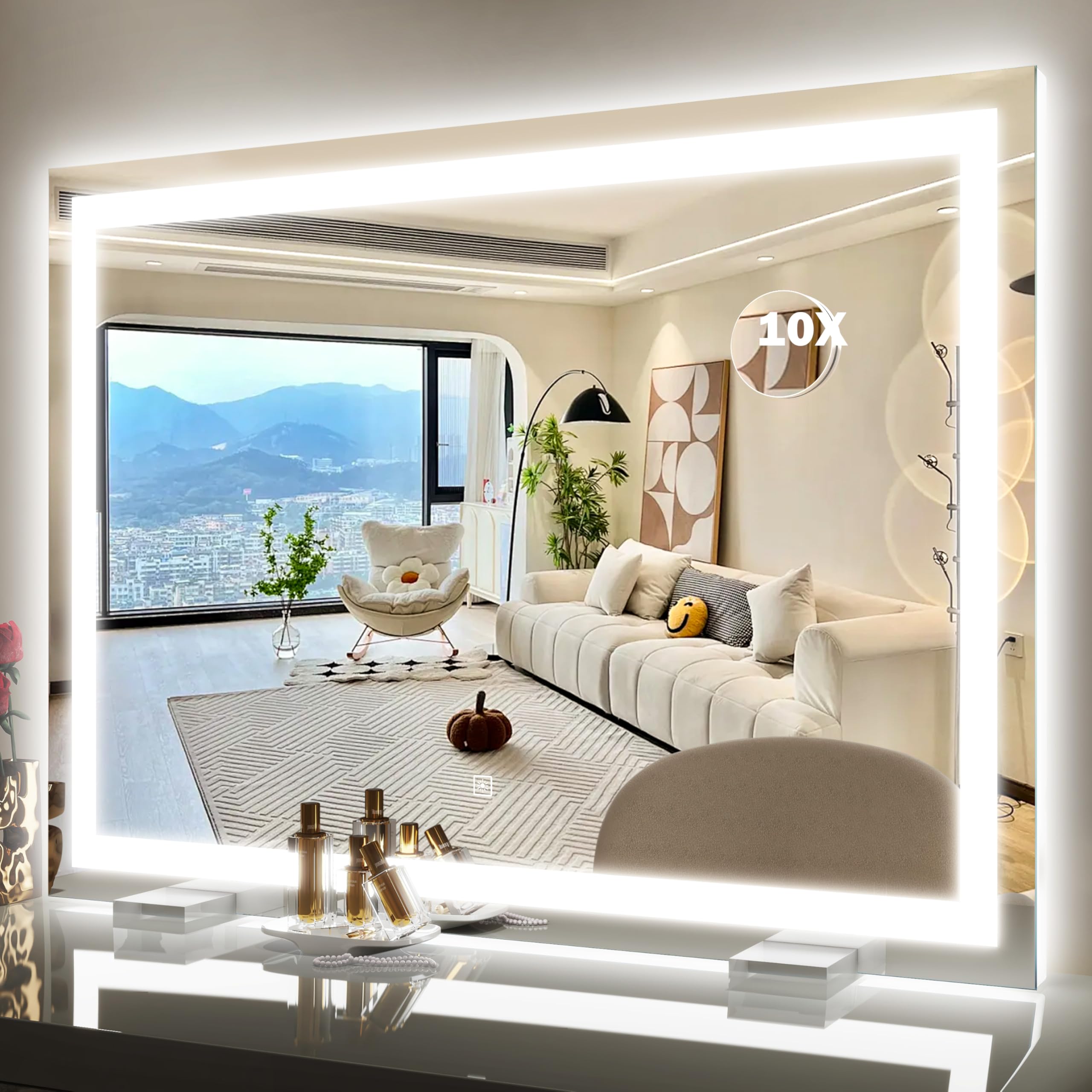 ROLOVE 38"x28" Inch Large Lighted Vanity Mirror, 3-Color Lighting &amp; Dimmable Modes, LED Makeup Mirror for Bathroom/Dressing Room (Wall/Tabletop Mount, White)