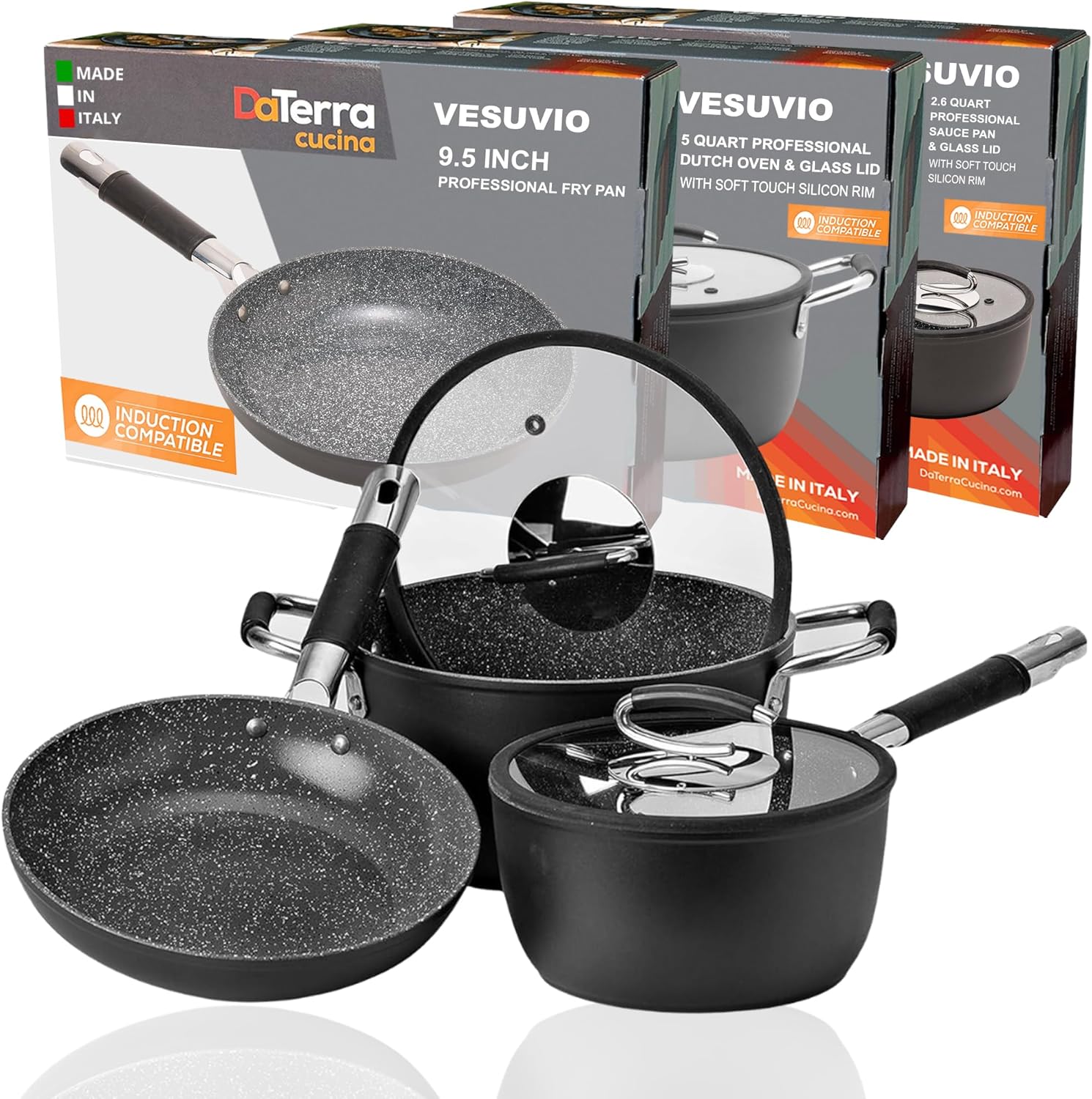 DaTerra Cucina Nonstick Small Pasta Bundle – 2.6 Qt Saucepan with Lid, 9.5" Frying Pan, 5 Qt Dutch Oven with Lid – Induction Compatible, Oven Safe, Ceramic Nonstick, PTFE & PFOA Free – Made in Italy