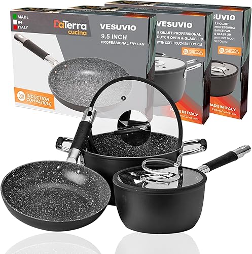 DaTerra Cucina Paquete de pasta pequeña antiadherente, cacerola de 2.6 cuartos de galón con tapa, sartén de 9.5 pulgadas, horno holandés de 5