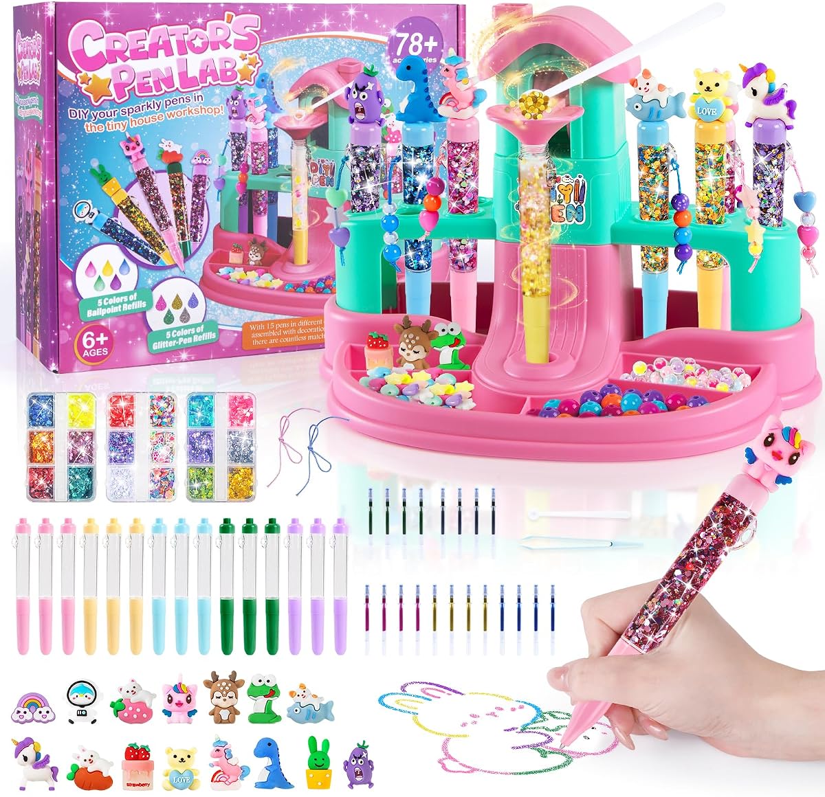 Subao Pen Creator Studio, Pen Making Kit 130 pcs, Crafts for Kids Ages 8-12 | Back to School Create 15 Sparkly Pens, 20 Decorative Caps, 21 DIY Accessories. All-In-1 Creative Art Toy Gift for Girls 5-12
