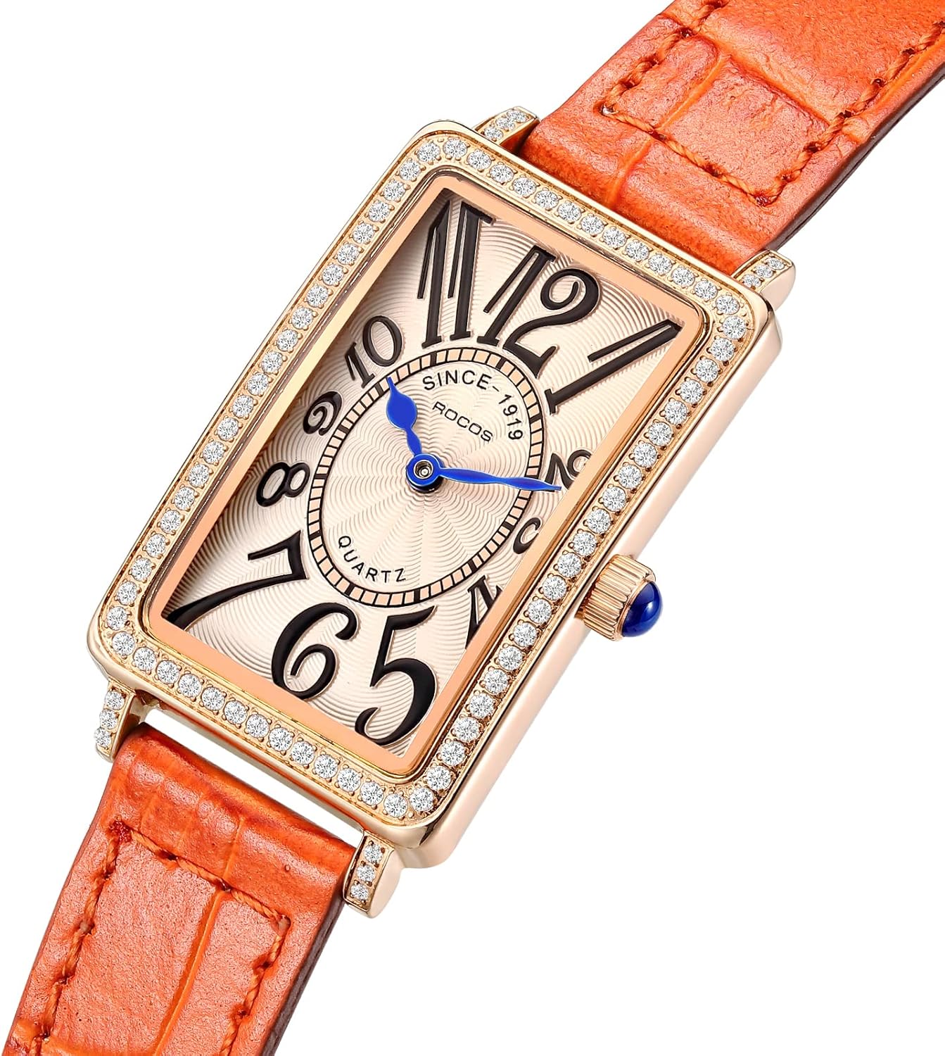 Rectangle Watch for Women with Easy Read Arabic Numeral Ladies Casual Dress Watch Orange/Blue Leather Band Watches - Water Resistant Gift for Her - Image 2