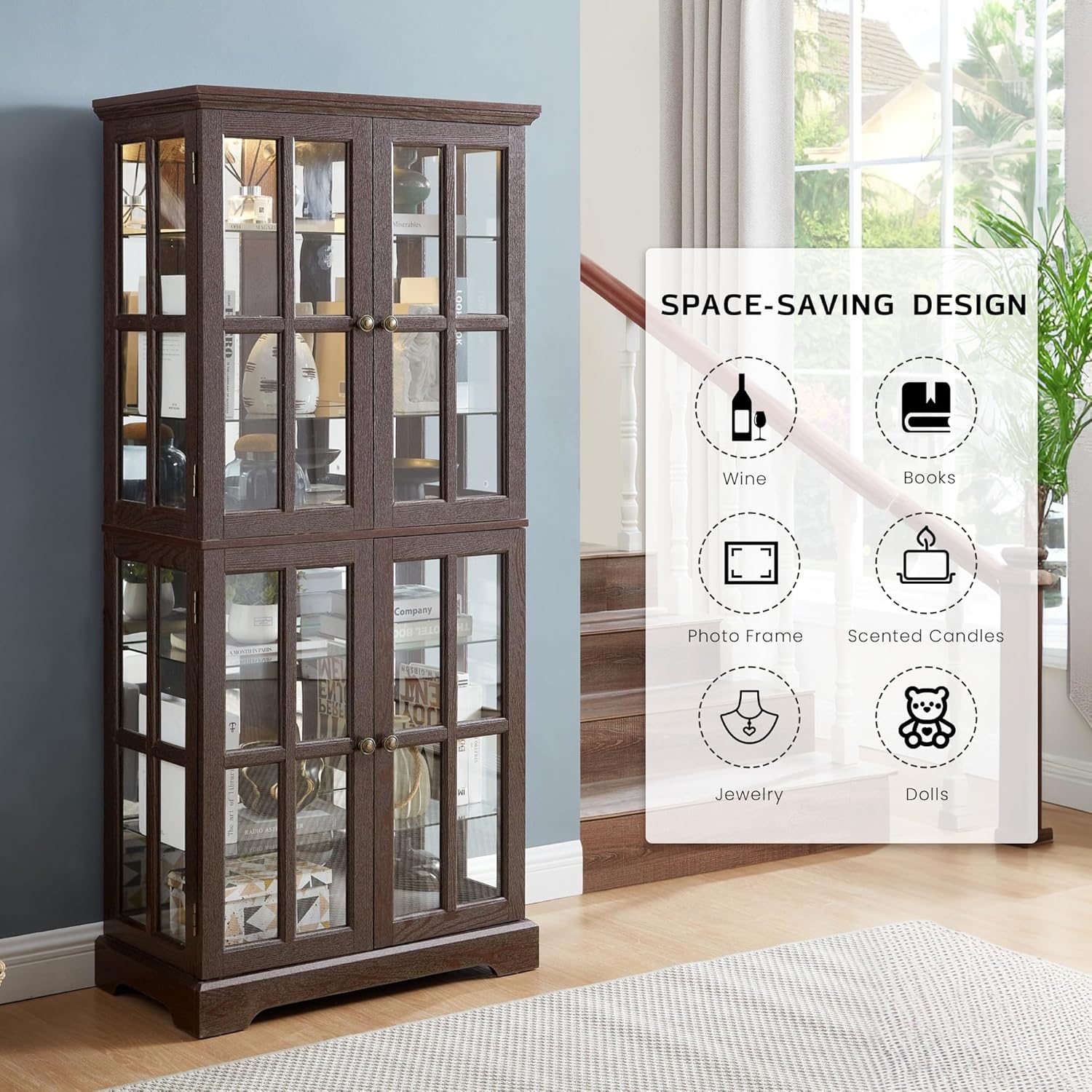 69" Lighted Display Cabinet with 4 Glass Doors, Tall Elegant Bookcase with Adjustable Shelves, Light Bulb Included, Wooden Storage Organizer Cabinet for Collectibles, Living Room (Cherry)