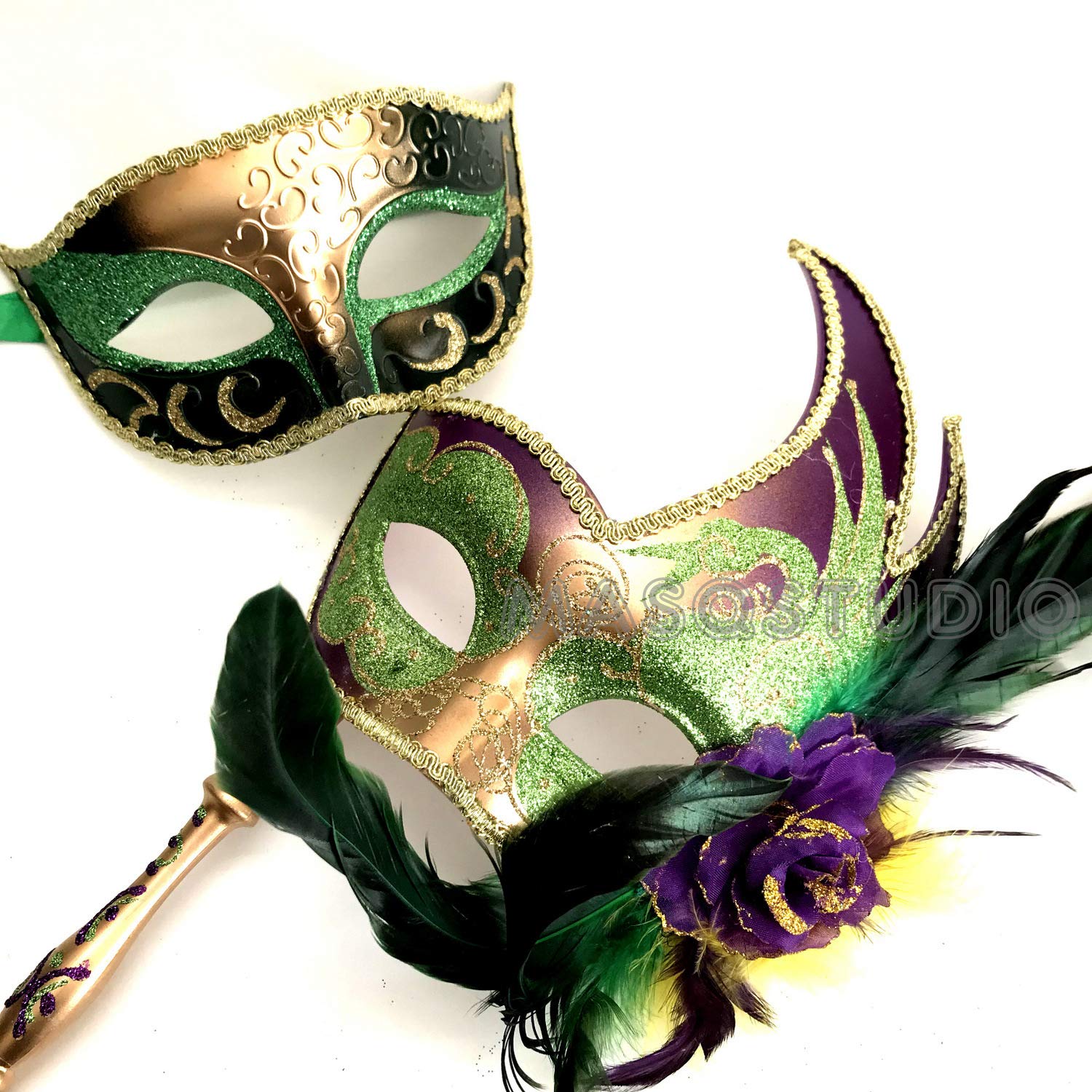 MasqStudioMardi Gras Masquerade Handle Stick Mask Pair Ostrich Feather Dress up Party Carnival Parade