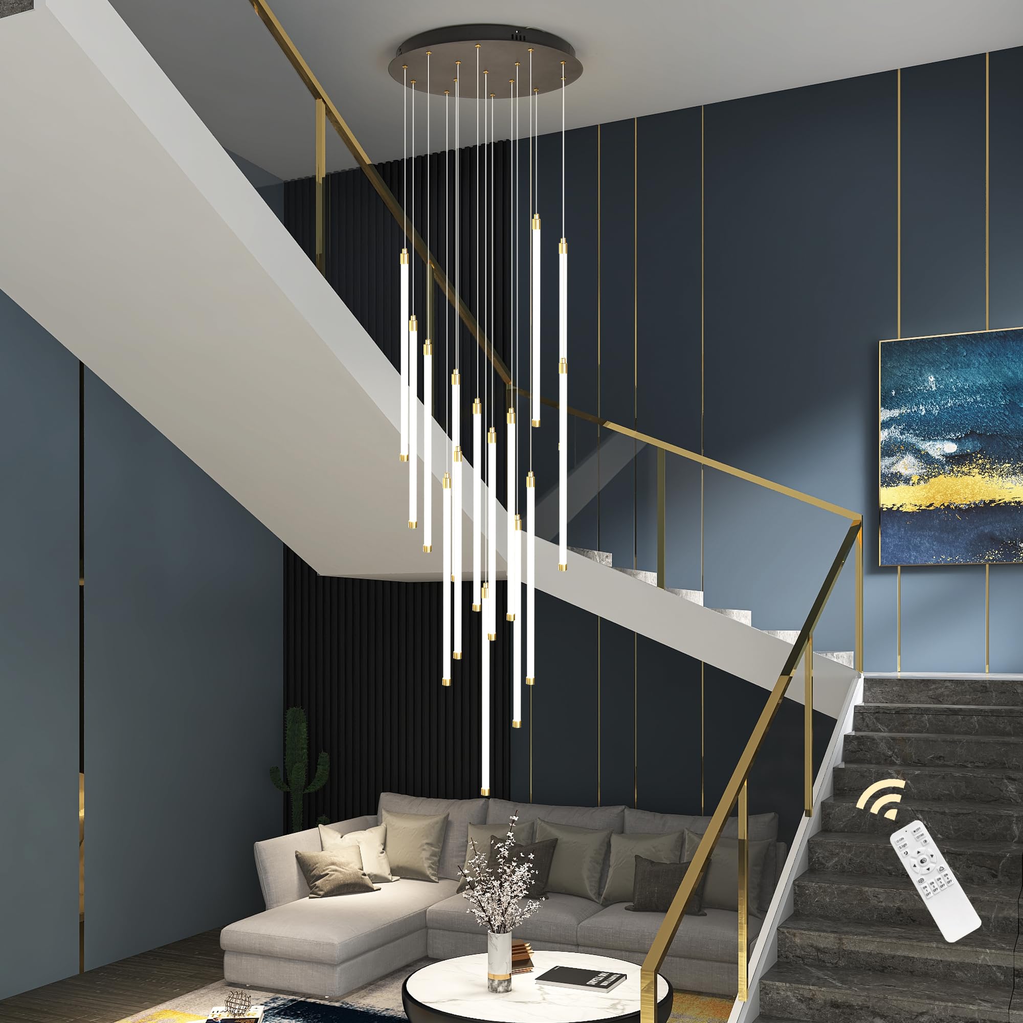 Qcyuui Nowoczesna Lampa Wisząca z 15 Światłami na Sufit, Regulowana Wysokość, Bardzo Duża Lampa Wisząca na Wysokie Sufity, Idealna na Poddasze, Schody, Salon, Willę, Elegancka Lampa Schodowa