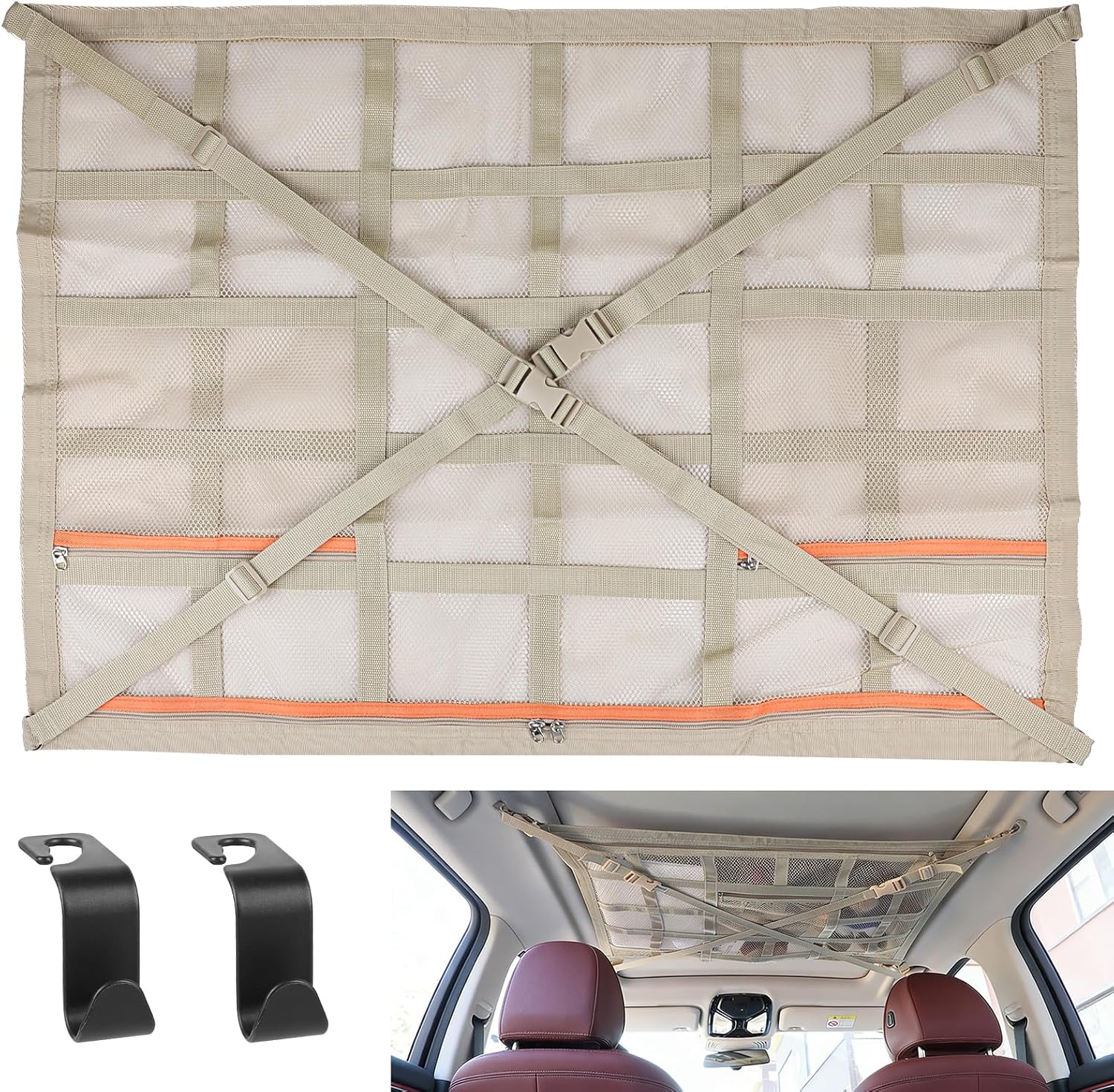 DBREAKS Luggage Net Car Roof Luggage Bag, 90 × 65 cm Universal Double Layer Car Roof Storage with Zip, Roof Net Car Inside, Car Net Tension Net for Four Roof Armrests, SUV, Van (Beige)
