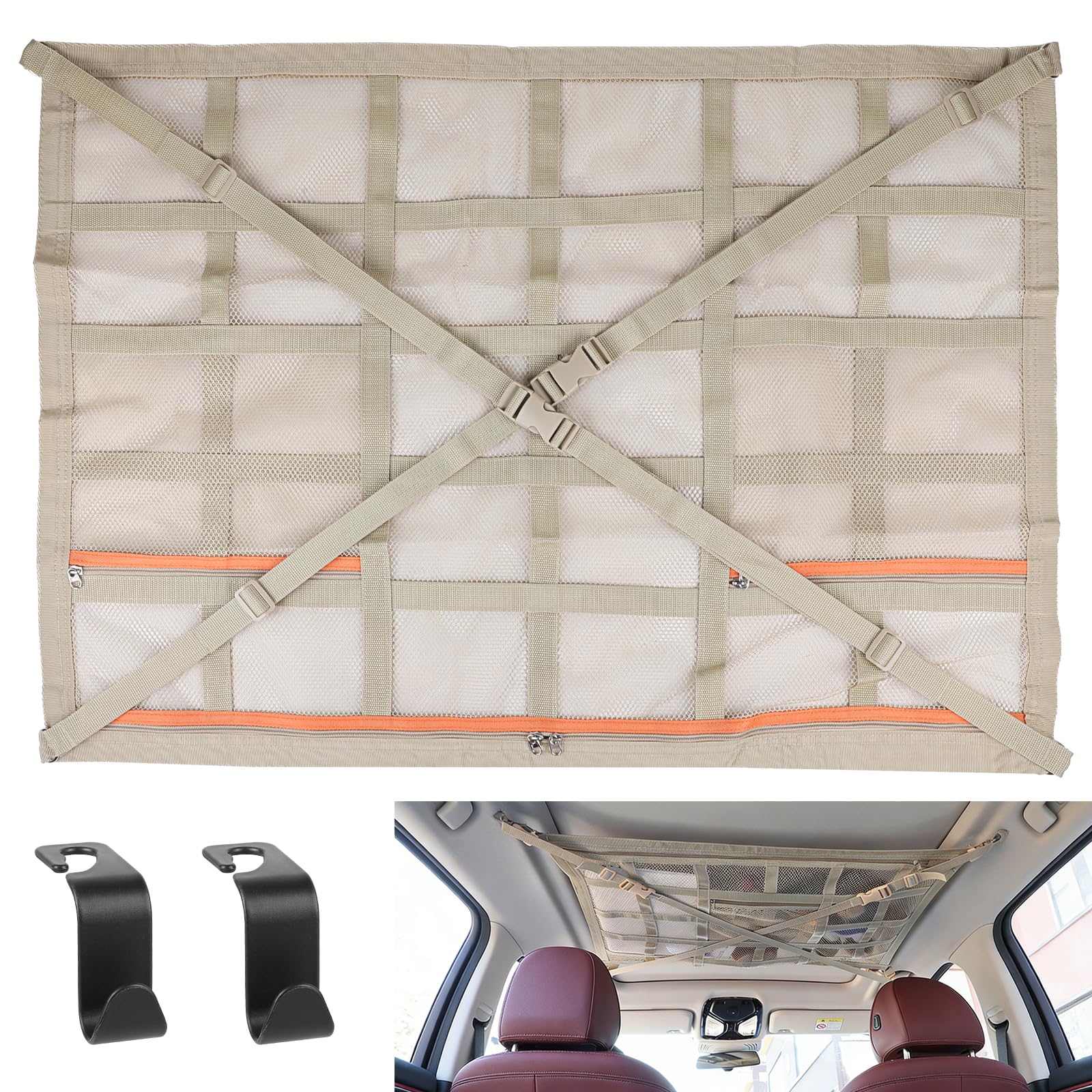 DBREAKS Gepäcknetz Auto Dachgepäcktasche, 90 × 65 cm Universal Doppellagige Autodach Aufbewahrung mit Reißverschluss, Dachnetz Auto Innen, Autonetz Spannnetz für Vier Dacharmlehnen, SUV, Van (Beige)