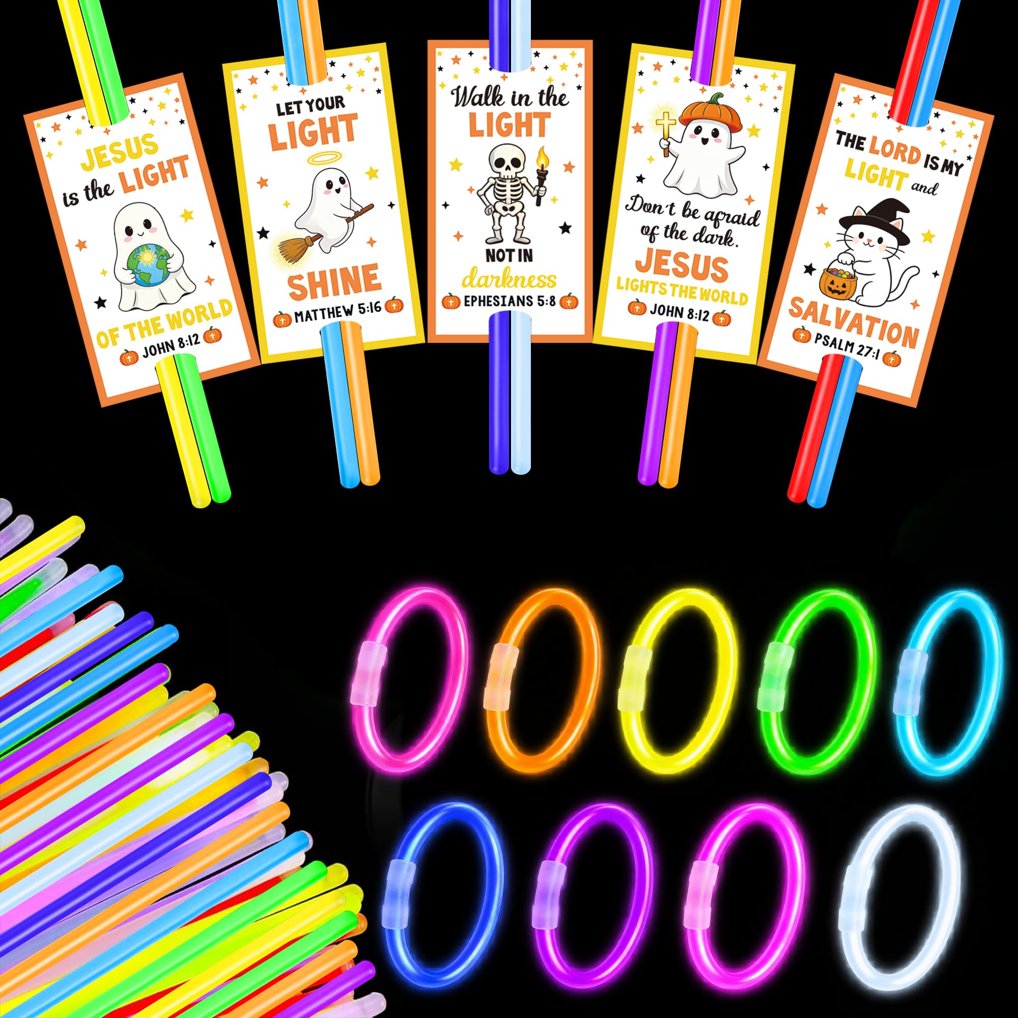 200 Pcs Halloween Christian Glow Stick Bracelets Bulk with Gift Cards