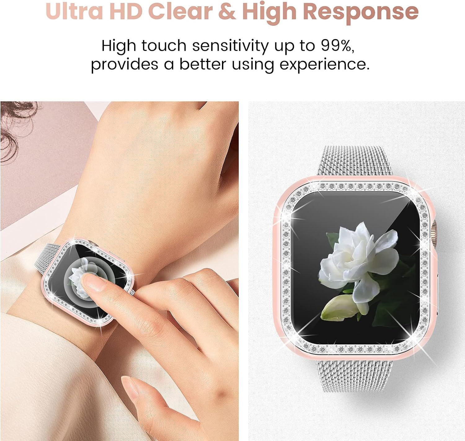 Goton Bling Case Compatible for Apple Watch 40mm Screen Protector iWatch SE Series 6 5 4 Accessories, Rhinestone Diamond Crystal Bumper Face Cover with Glass Film for Women Girl(40 mm,Pink)