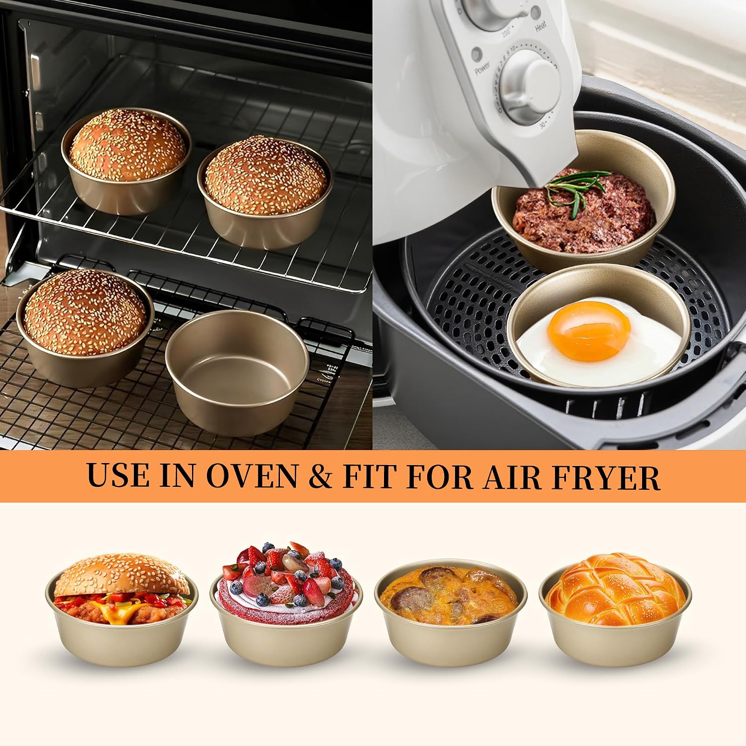 4 Inch Mini Bread Hamburger Bun Molds Mini Pie Pan Tart Tins Cupcake Pan Air Fryer for Baking-2SETS