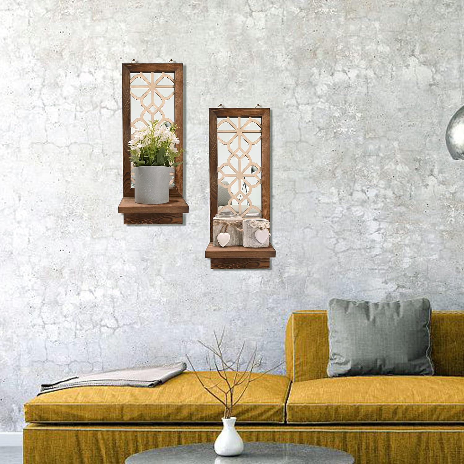 Candle Sconces Wall Decor Set of 2, Wall Candle Holder Rustic Home Decor, Farmhouse Wall Art Floating Mirror Sconces Brown Wall Decorations for Living Room, Dining Room, Bedroom, Bathroom