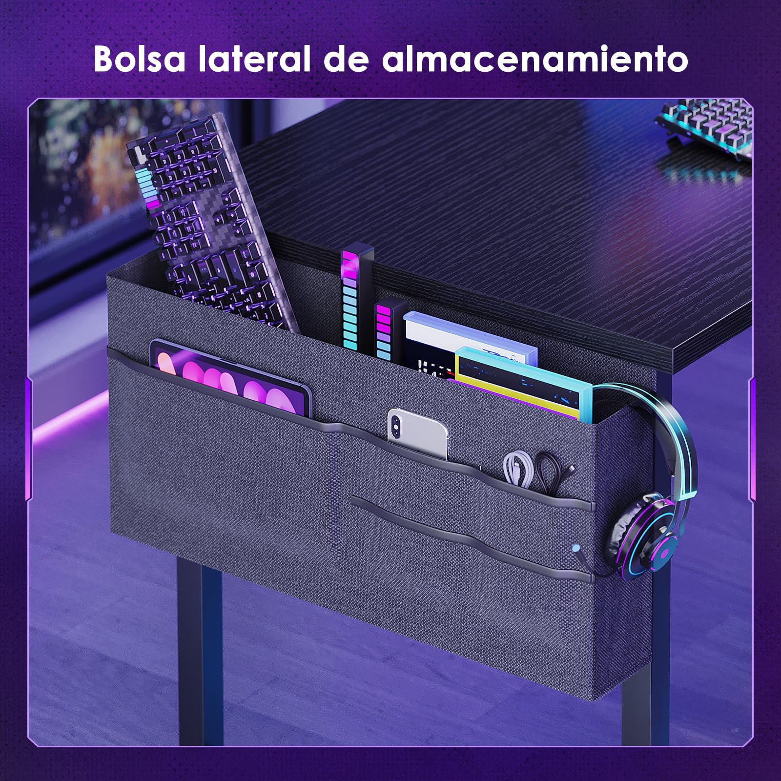 Coleshome Escritorio Gaming en L con LED, 130x100cm Escritorio Gamer Reversible con Estantes, Escritorio Esquinero con Bolsa de Almacenamiento y Gancho para Jugadores, Negro