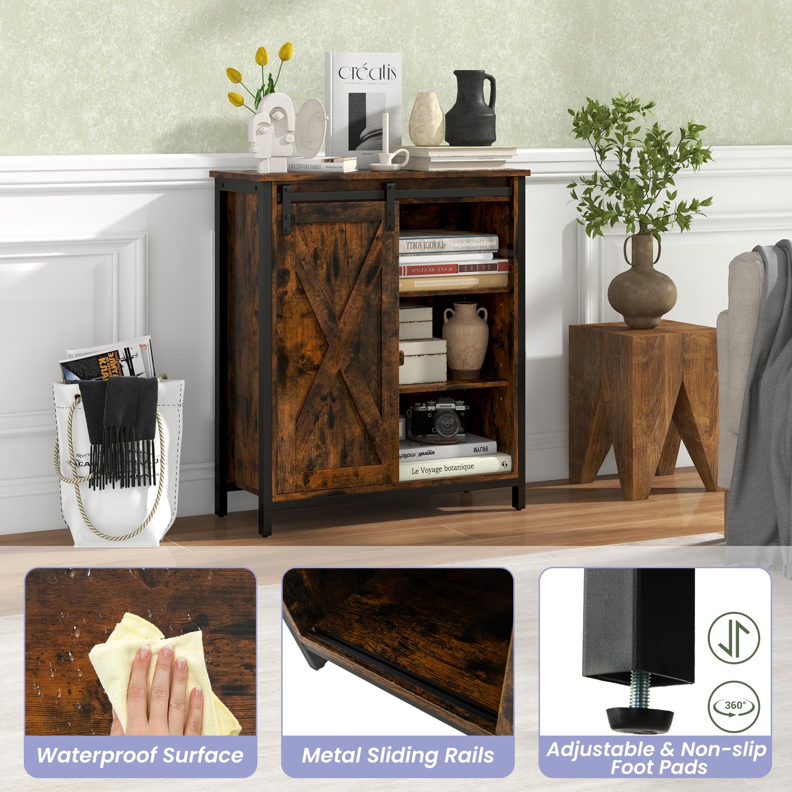 KOMFOTTEU Aparador de Cocina con Puerta Corredera de Granero | Mueble Buffet con 6 Compartimentos, Armario de Comedor con Estantes Ajustables de 3 Niveles, 70 x 30 x 81 cm