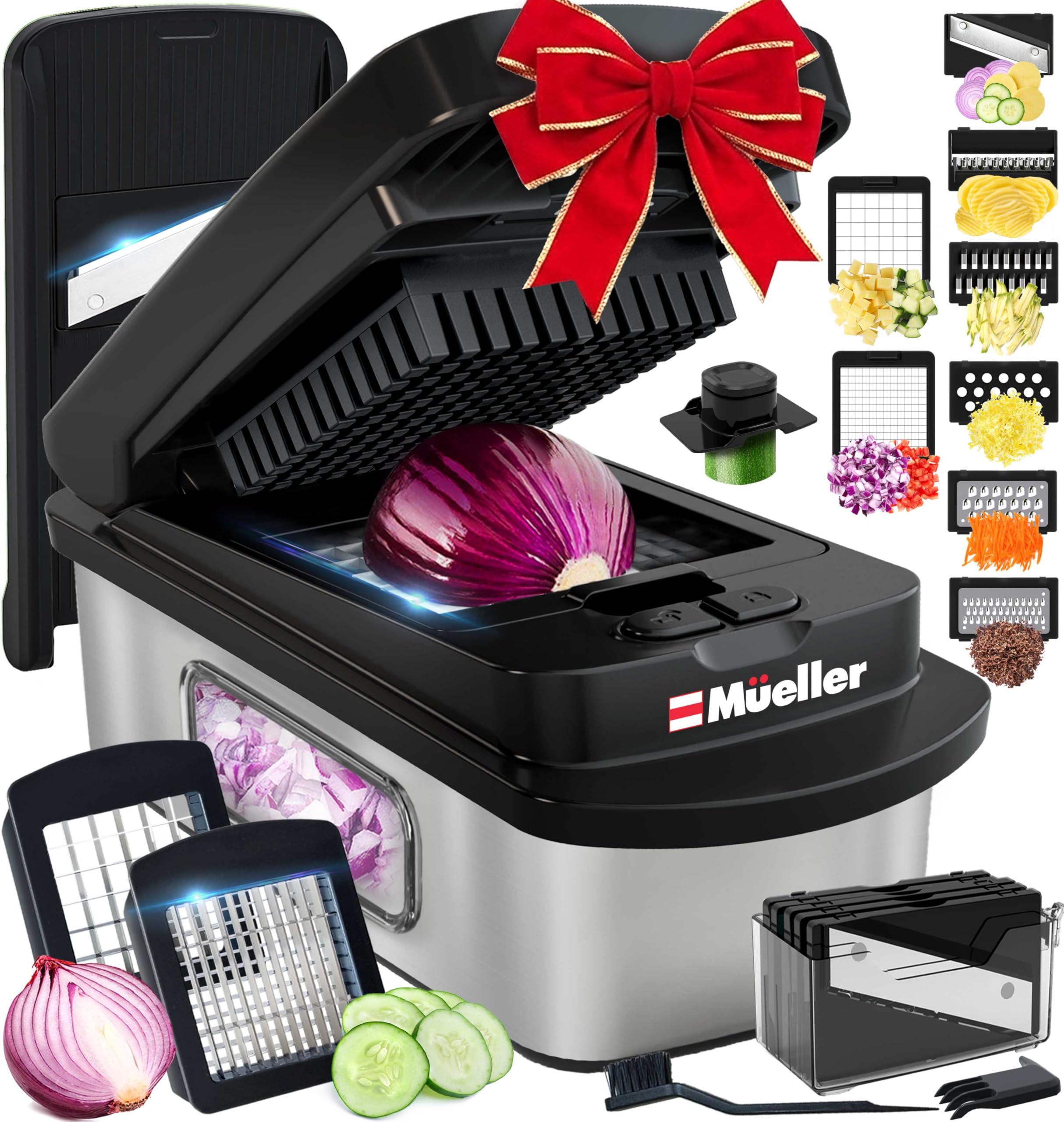 Mueller Pro-Series 10-in-1, 8 Blade Stainless Steel Multi Vegetable Chopper And Mandoline Slicer, Kitchen Tools and Gadgets, Food and Veggie Chopper, Mincer, Dicer, French Fry Cutter, Black