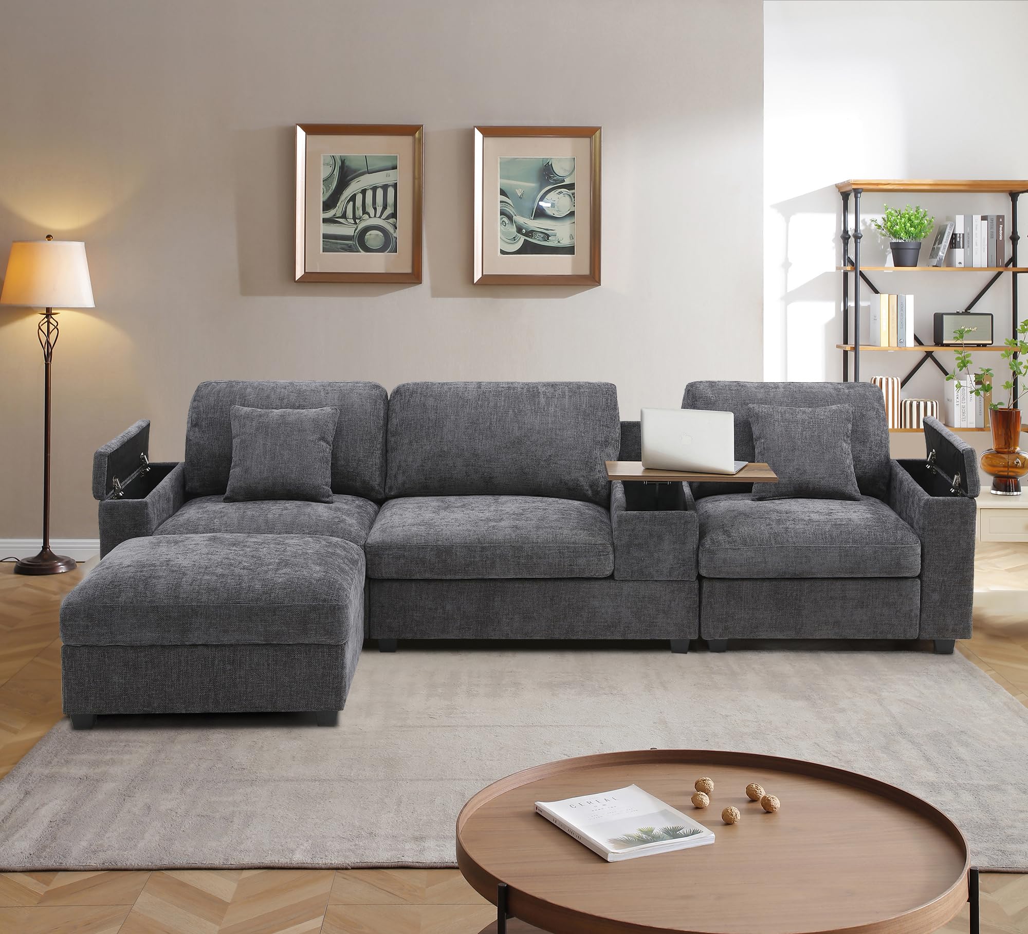 Tabaray 120.3" Modular Sectional Sofa, Oversized Comfy Cloud Couch, 4 Seater L Shaped Couch with Storage Armrest, Ottoman, USB Ports, Cup Holder,