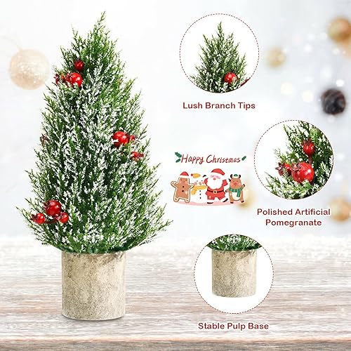 Miniatura 8 de Mini árbol de Navidad flocado para mesa mesa nevada de 185 pulgadas con bayas rojas pequeño árbol de Navidad artificial con base de pulpa adornos de