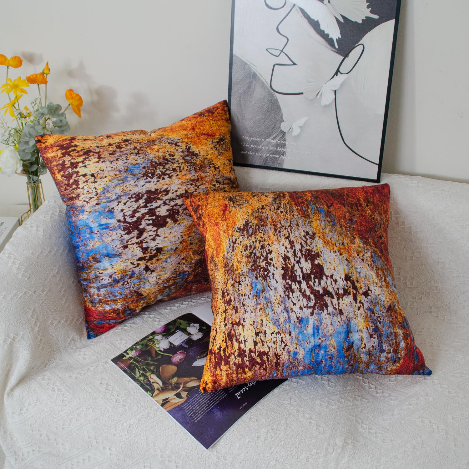 DILOXNSU Cushion Covers 45x45 cm Gold Brown Blue Set of 2 Double-Sided Luxury Abstract Rust Metal Rusty Soft Velvet Modern Decorations Square 18x18 Inch Pillow Cover for Sofa Couch Home Decor - Image 2