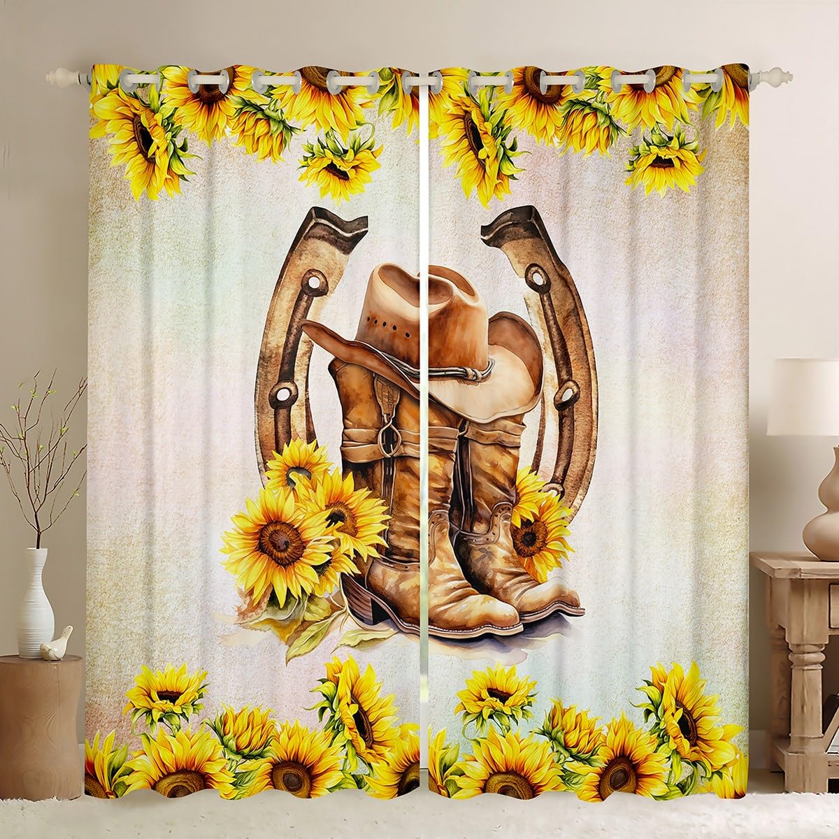 Castle Fairy Cowboy Hat and Boot Window Curtains,Retro Sunflowers Curtain,Horseshoe Print Window Drapes for Kids Teens Boys Young Man,Modern Bedroom Decorative,Country Style Curtain,42Wx63L