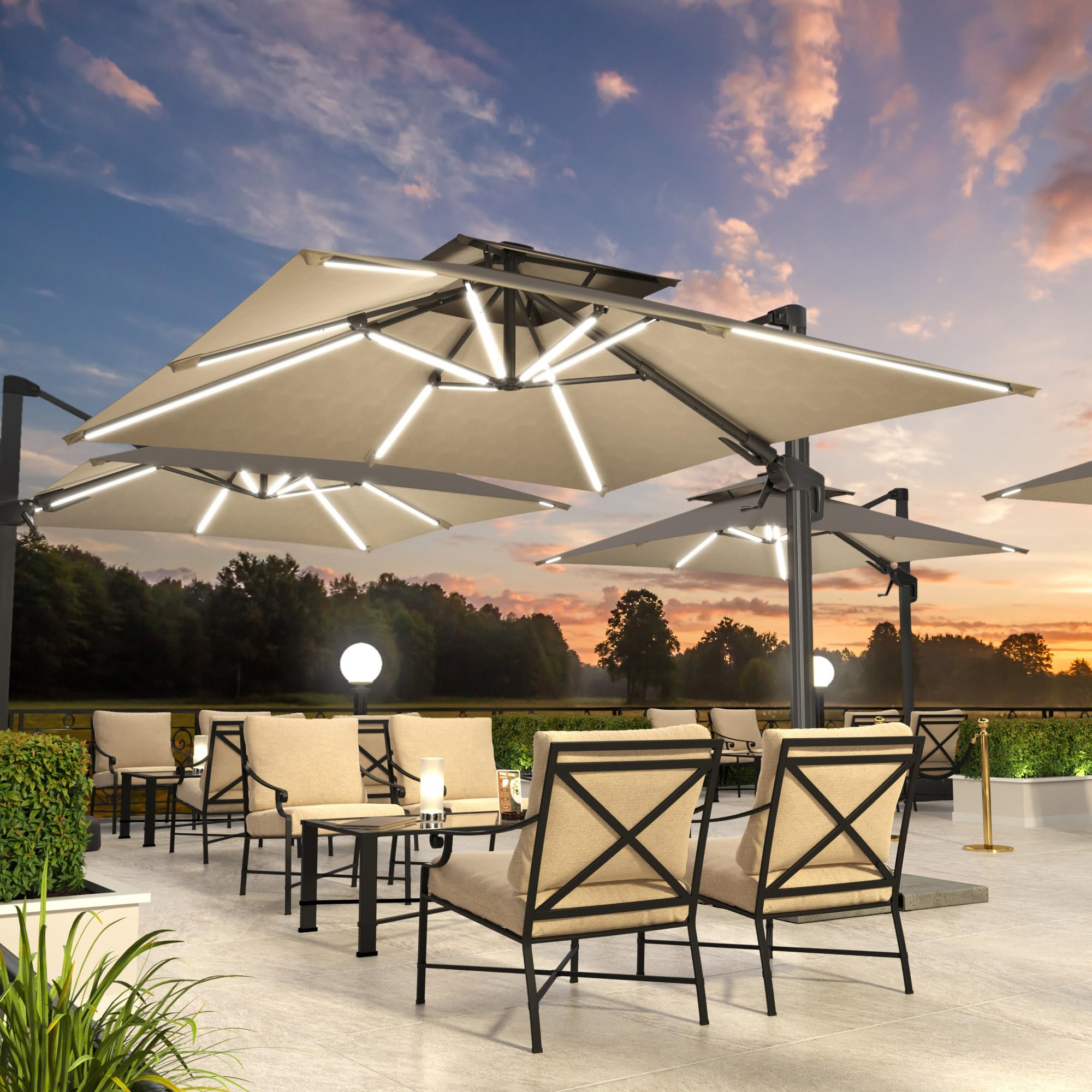 SUN PIETRO | Sonnenschirm | Quadratisch | B:T 300 x 300 cm | Taupe | LED | +Ständer & Hülle | Gartenschirm, Ampelschirm, Balkonschirm