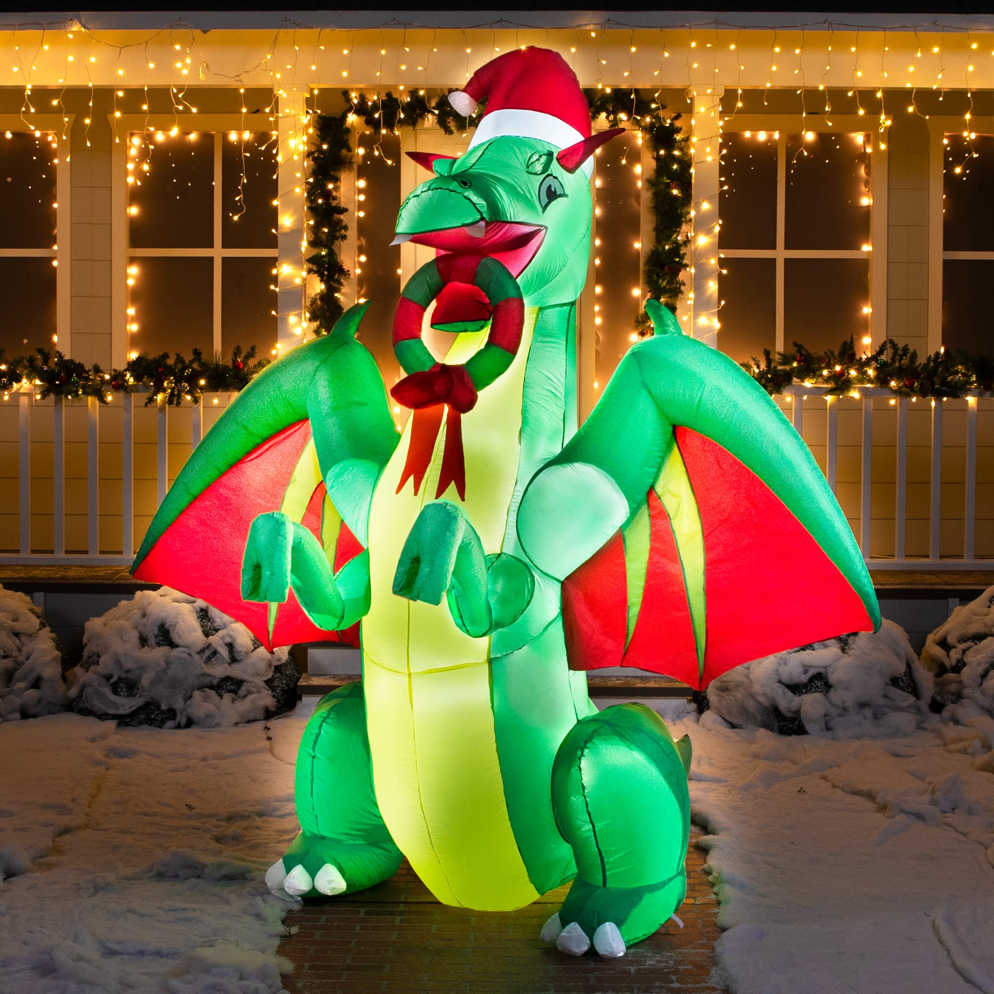 Joiedomi Drago natalizio gonfiabile da 2,4 m, realistico drago verde natalizio con LED integrati, gonfiabili per feste in interni, esterni, cortile, giardino, prato