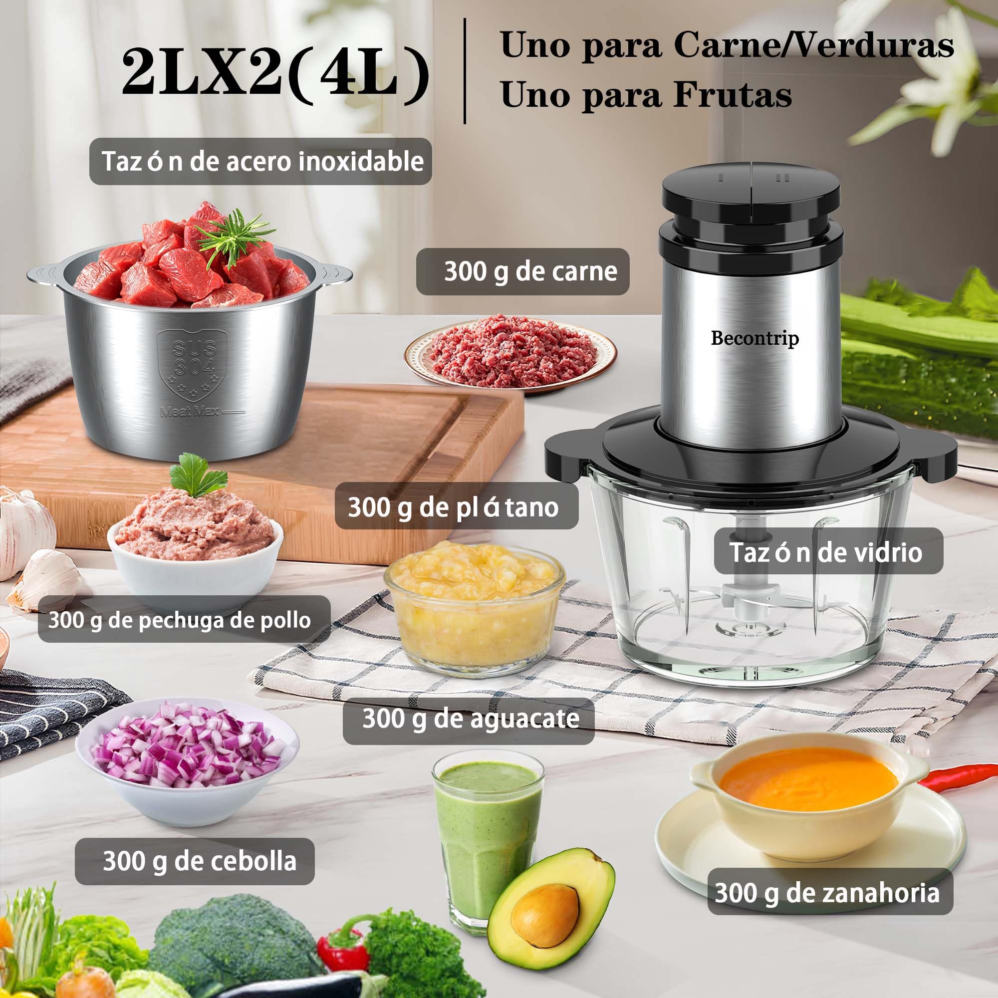 Picadora Eléctrica, 500W Trituradora de Alimentos, 2L Tazón Vidrio & Acero Inox, 4 Cuchillas, 2 Velocidades, con Motor Cobre Mini Food Processor Para Carne/Verduras/Cebolla/Frutas/Cocina