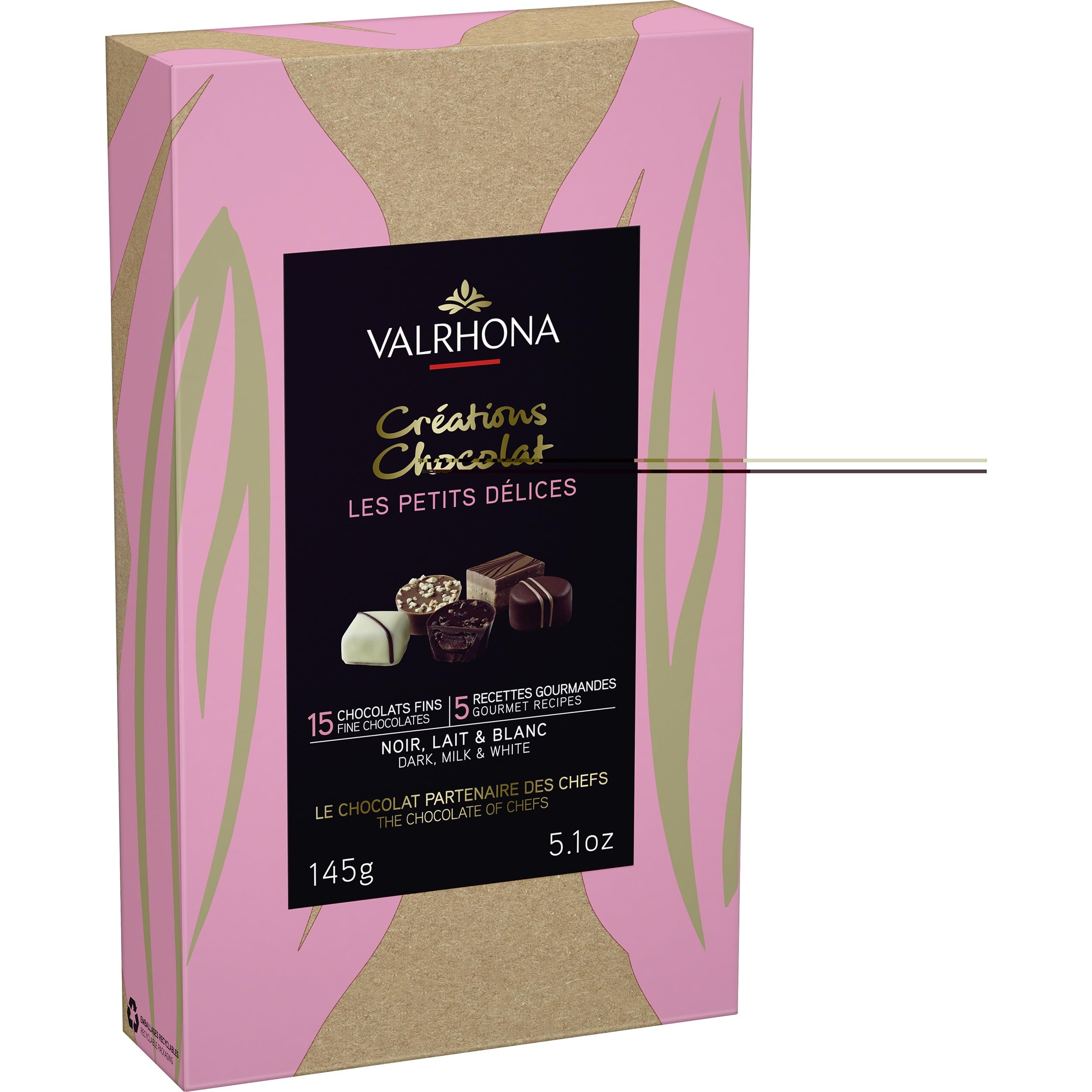 Valrhona Schachtel mit 15 Pralinen aus Zartbitter-, Vollmich- und weißer Schokolade Frankreich inkl. FeinWert E-Book (3 x 145g)