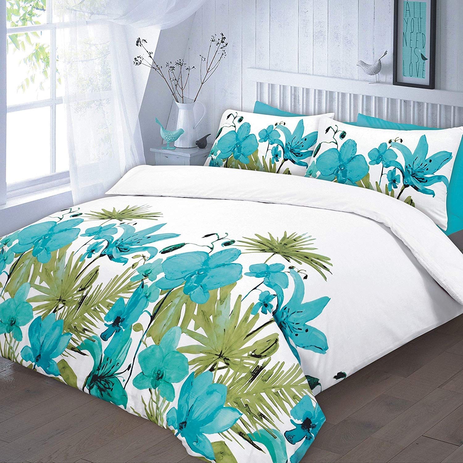 Egypto Lily Teal Pollycotton Printed Floral Design King Duvet Cover Set With Matching Pillowcases Bedding (Lily Lilac)