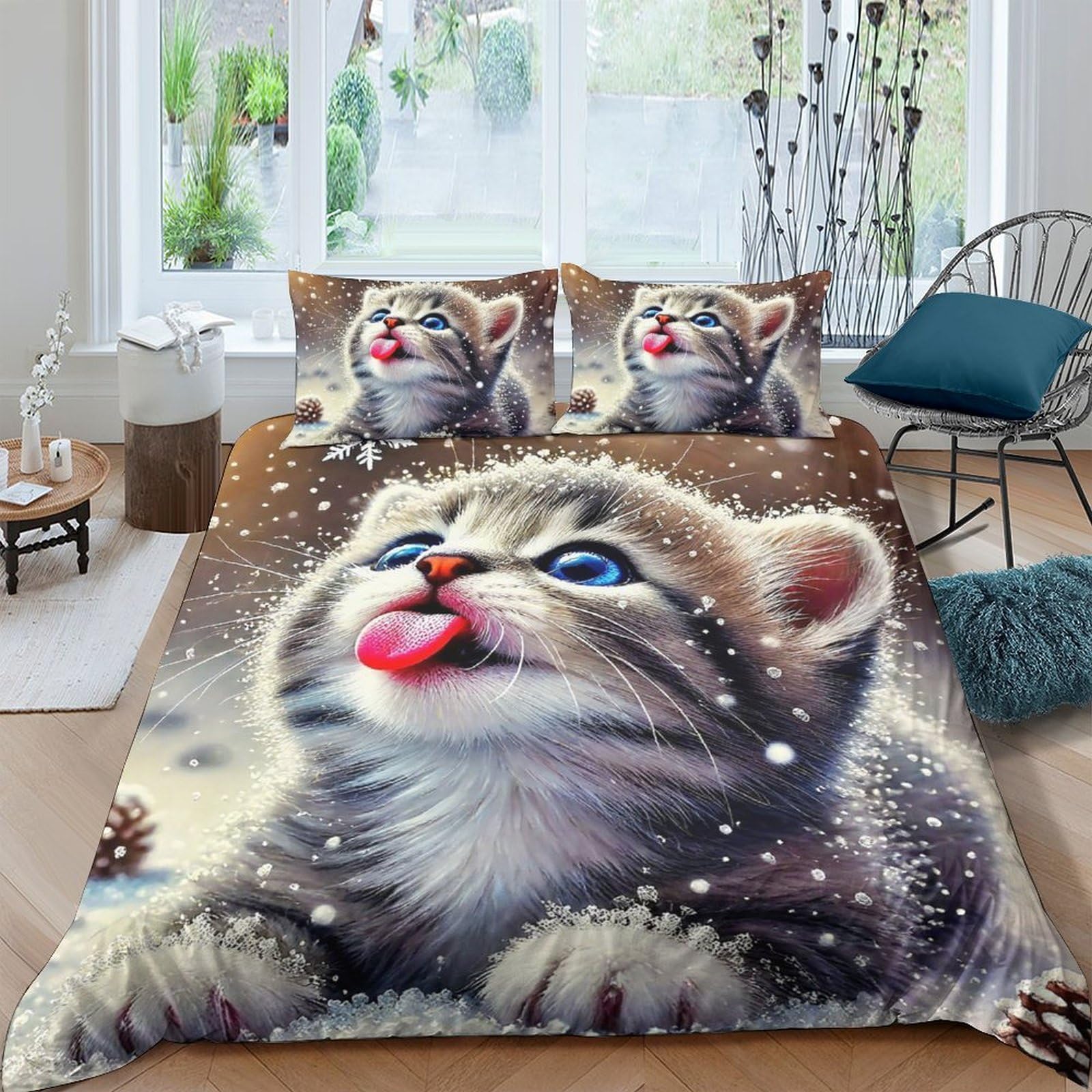 Housse de couette chat 3D anti-plis en microfibre douce King 220x240cm