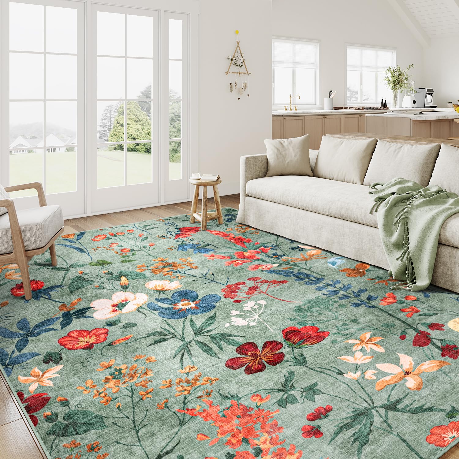 HUGEAR Vert Tapis Salon 200x300cm Floral Chambre Lavable en Machine Antidérapant Boheme Naturel Fleur Grand Carpet Bureau Salle a Manger Doux Poil Ras Rug