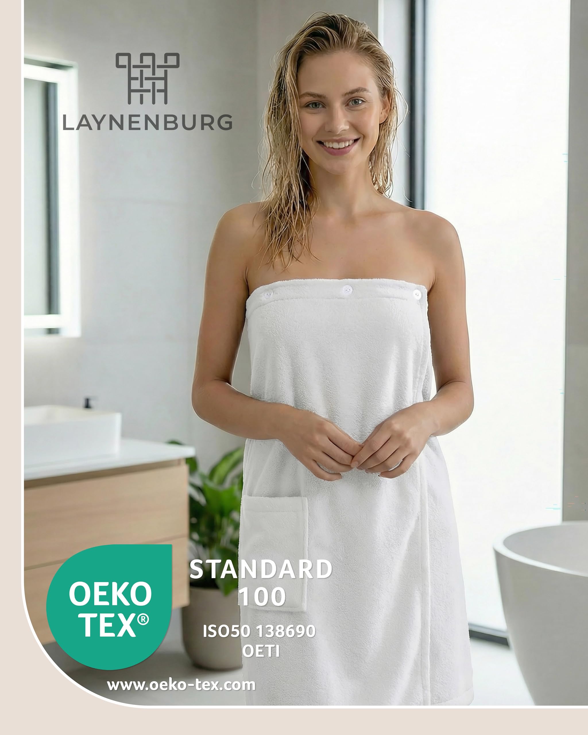 LAYNENBURG Paréo de sauna de qualité supérieure pour femme avec fermeture à boutons - 10 % coton - Certifié Öko-Tex 100 - Serviette de sauna pour femme - Serviette de sauna - Kilt avec élastique pour