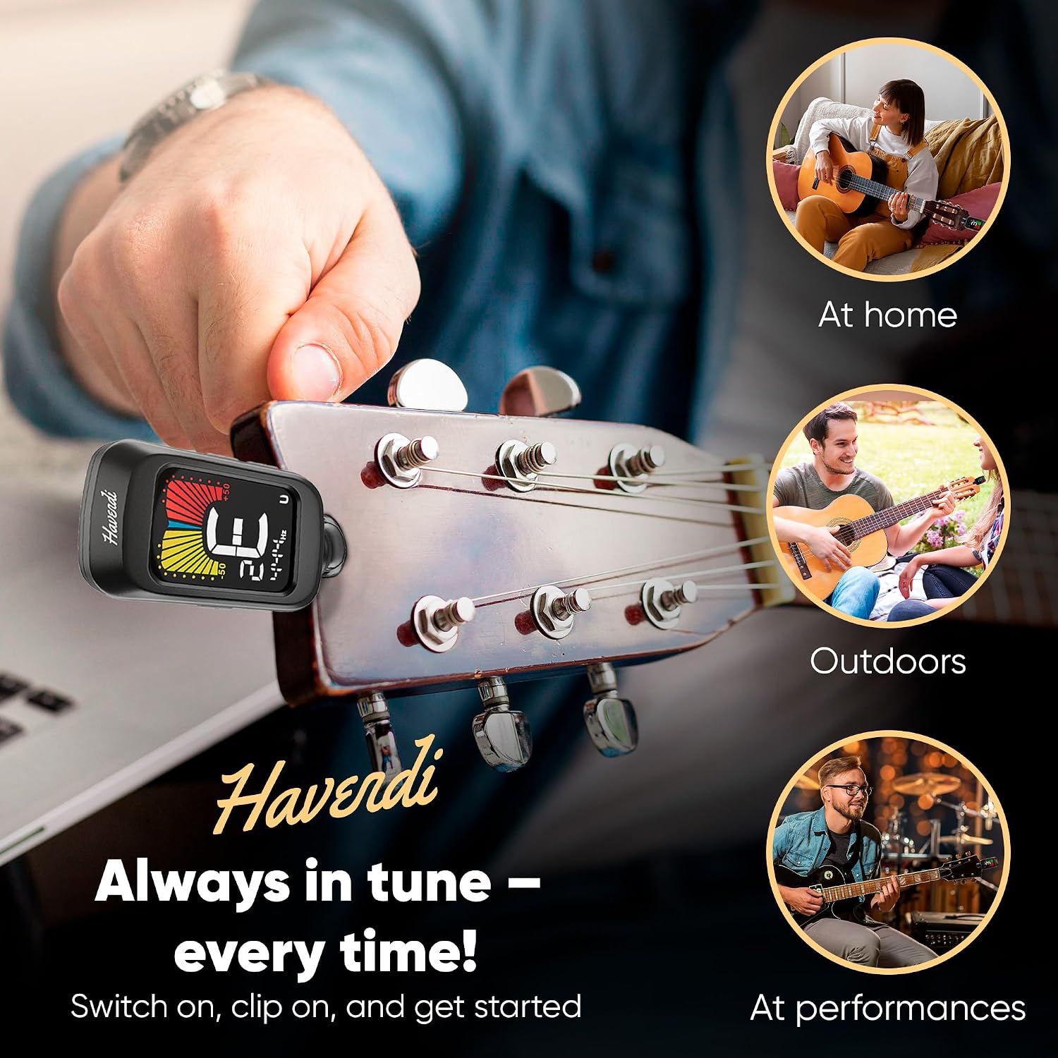 HAVENDI® Clip-On Guitar Tuner – for Guitar, Bass, Violin & Ukulele – Fast & Accurate Piezo Sensing – Color LCD Display, 360° Rotating Screen – Includes Battery – German-Engineered
