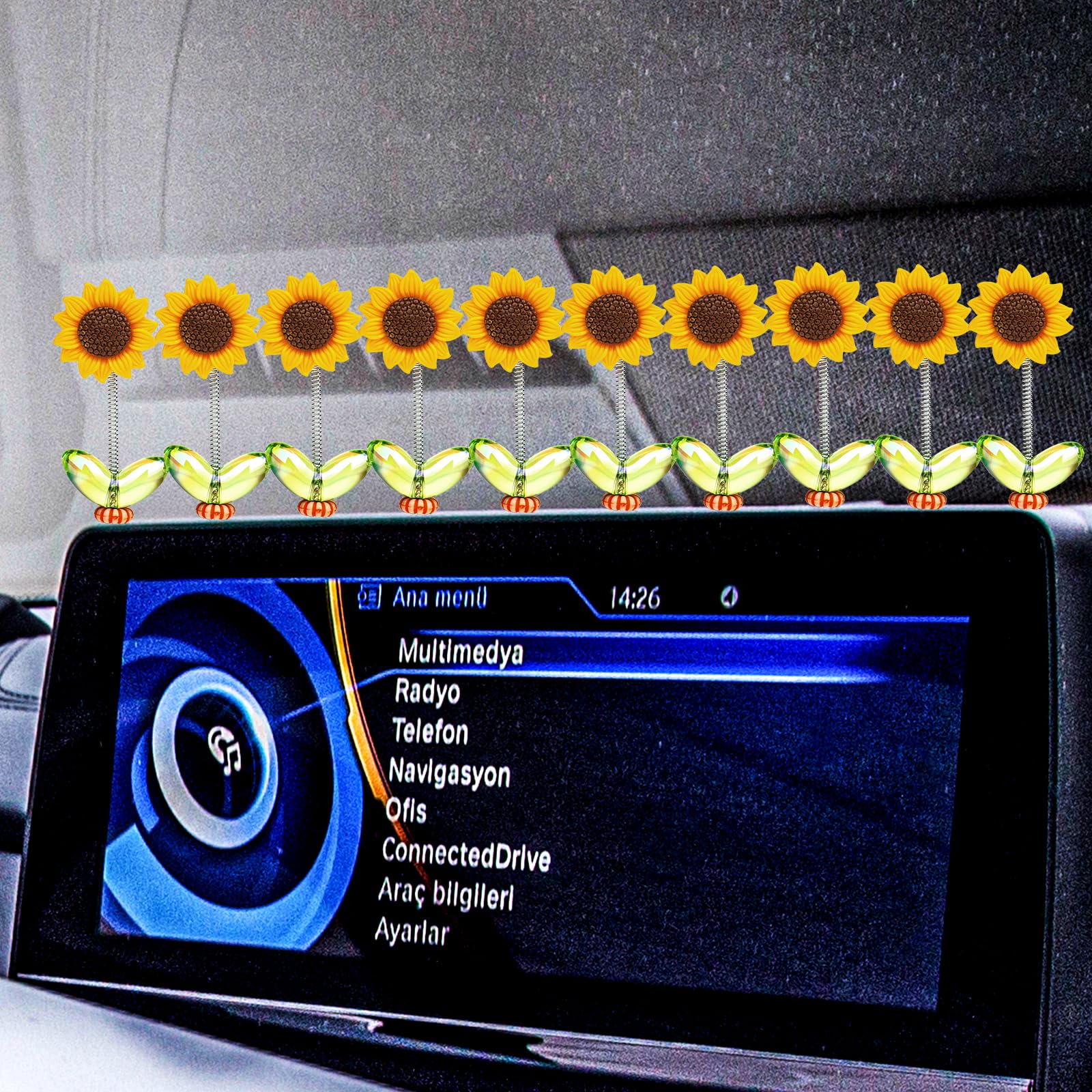 Jeffdad 10pcs Car Accessories Dashboard Decorations, Cute Shaking Head Sunflower Flower car Center Console Ornament, for Women Girl Car Interior Desk